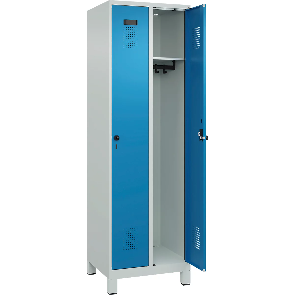 Vestiaire C+P Evolo Plus, 2 compartiments, largeur 300 mm, avec pieds, verrou rotatif de sécurité, L 600 x P 500 x H 1950 mm, gris clair/bleu clair