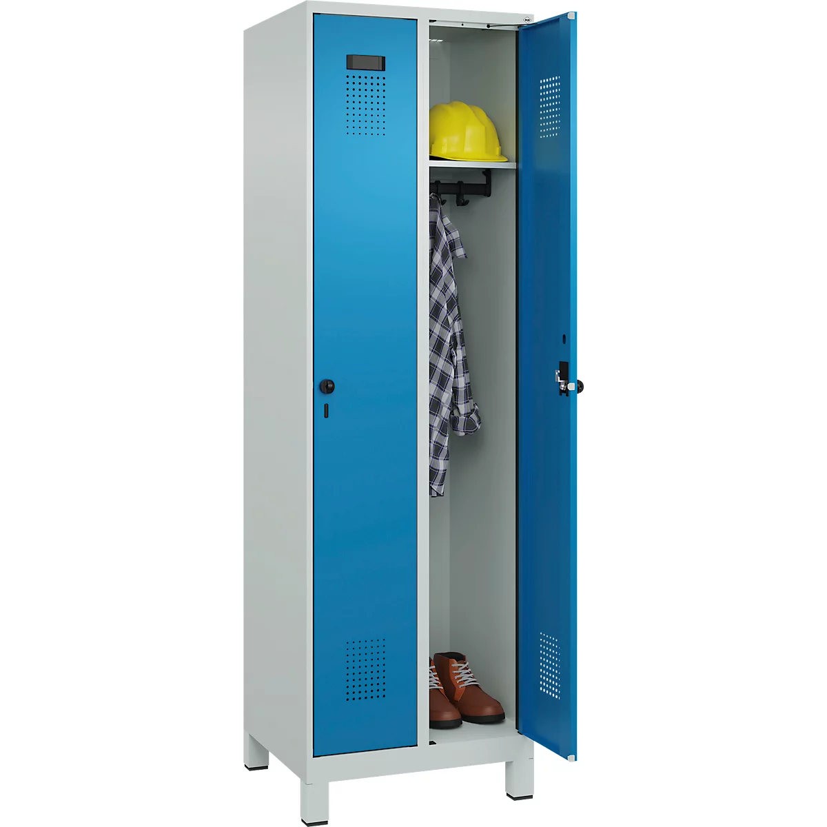 Vestiaire C+P Evolo Plus, 2 compartiments, largeur 300 mm, avec pieds, verrou rotatif de sécurité, L 600 x P 500 x H 1950 mm, gris clair/bleu clair