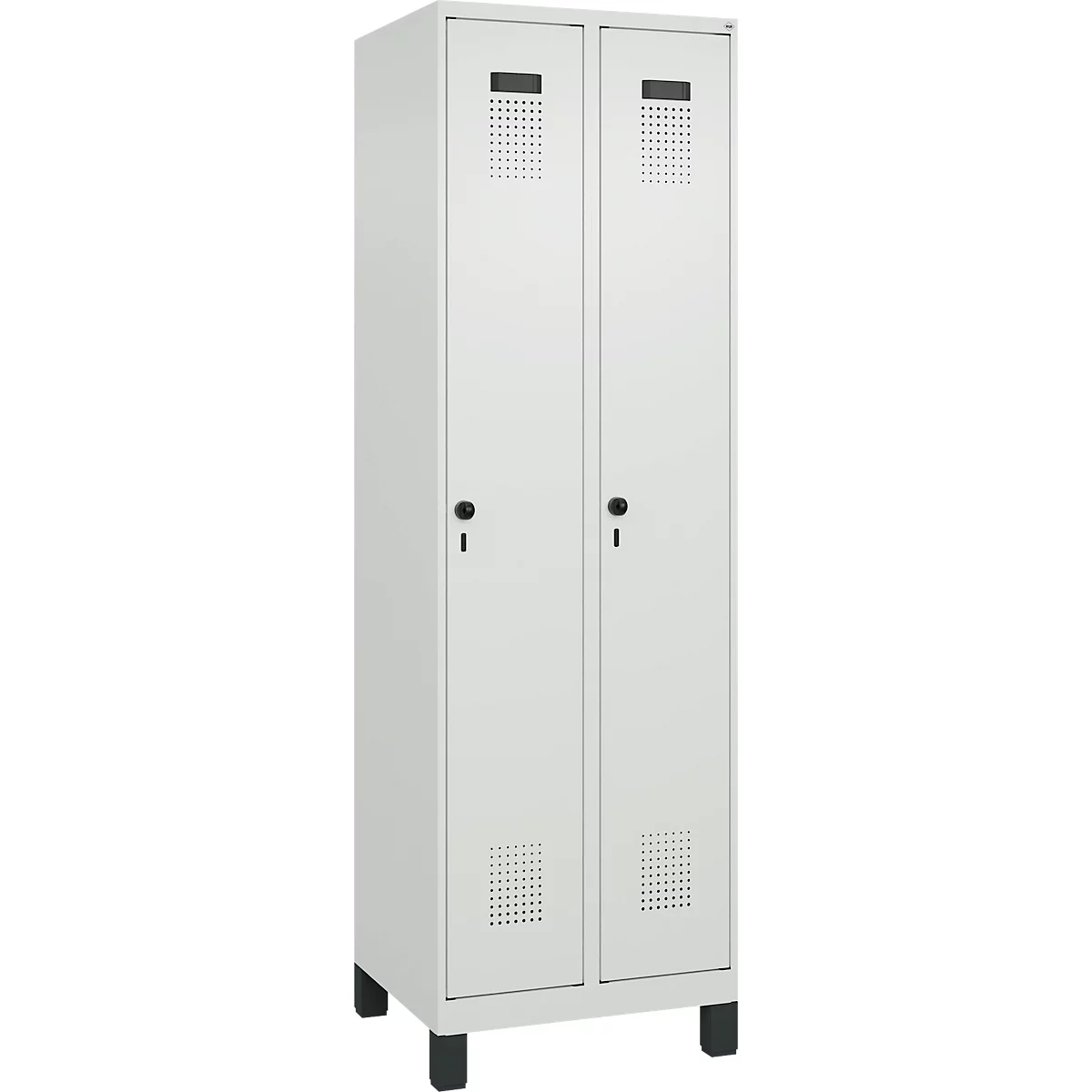 Vestiaire C+P Evolo Plus, 2 compartiments, largeur 300 mm, avec pieds, verrou rotatif de sécurité, L 600 x P 500 x H 1950 mm, gris clair/gris clair