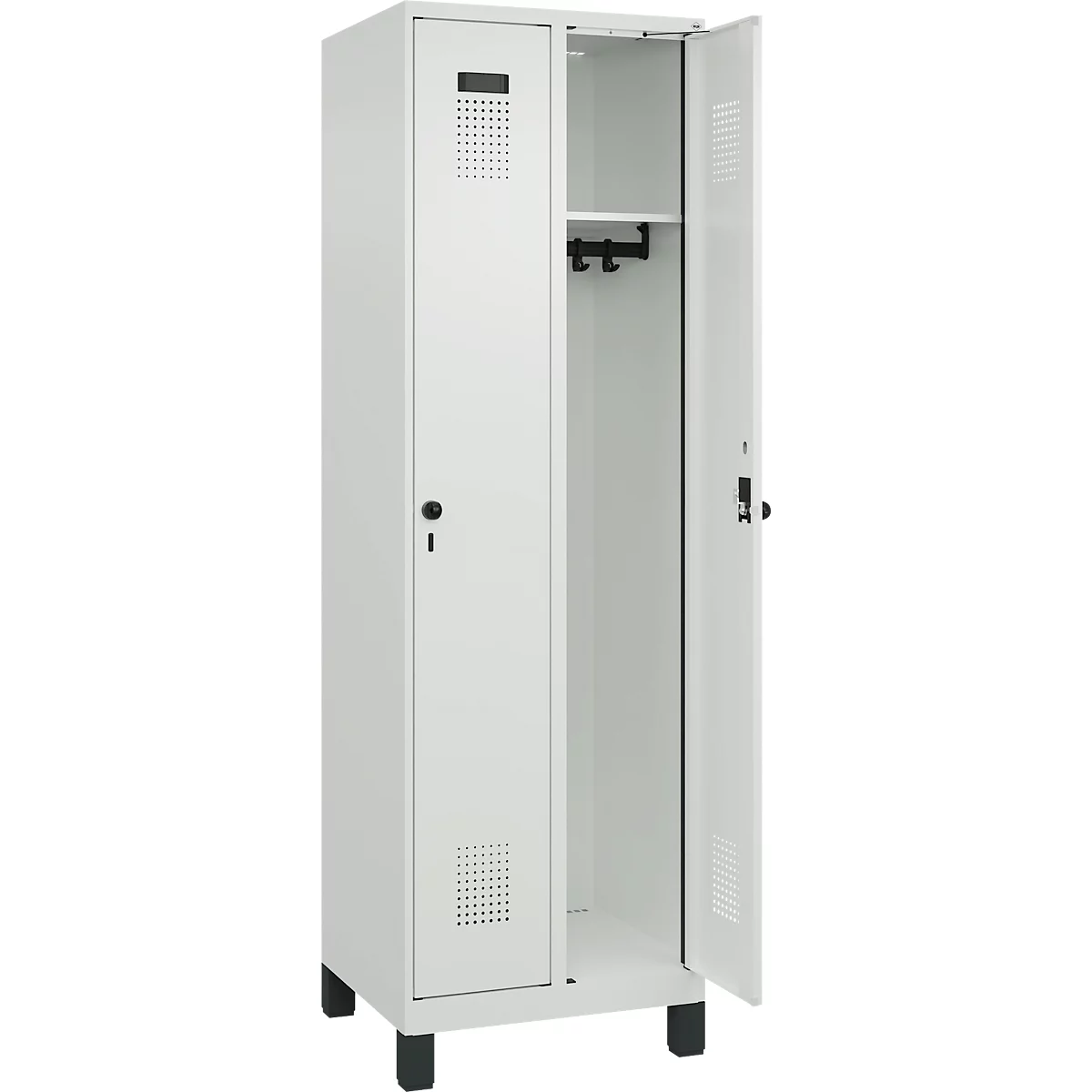 Vestiaire C+P Evolo Plus, 2 compartiments, largeur 300 mm, avec pieds, verrou rotatif de sécurité, L 600 x P 500 x H 1950 mm, gris clair/gris clair