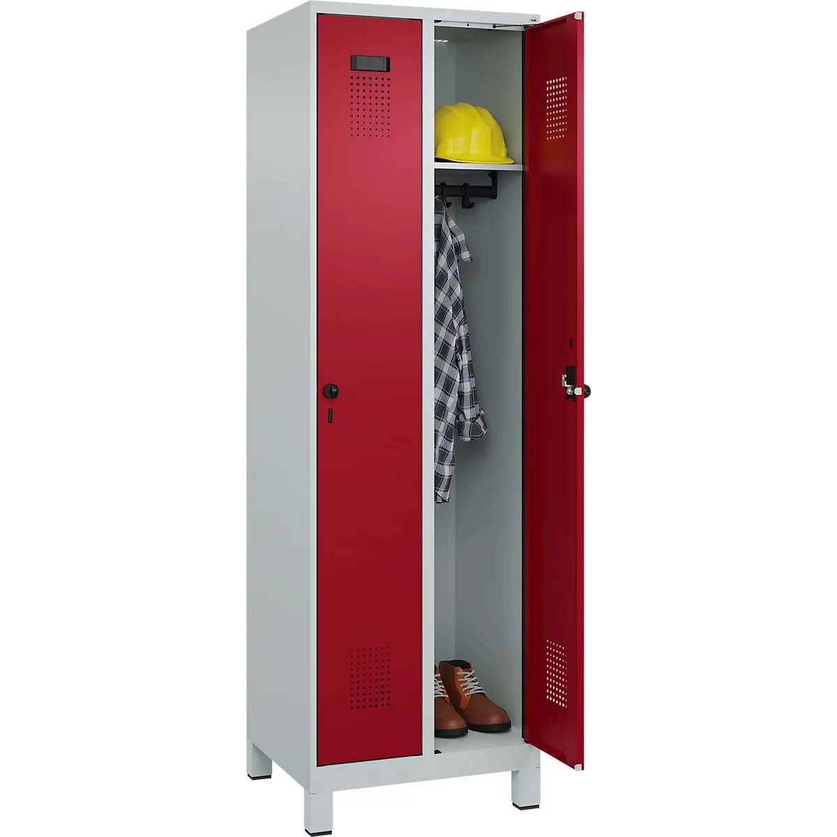 Vestiaire C+P Evolo Plus, 2 compartiments, largeur 300 mm, avec pieds, verrou rotatif de sécurité, L 600 x P 500 x H 1950 mm, gris clair/rouge rubis