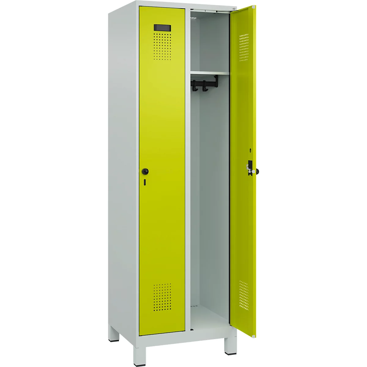 Vestiaire C+P Evolo Plus, 2 compartiments, largeur 300 mm, avec pieds, verrou rotatif de sécurité, L 600 x P 500 x H 1950 mm, gris clair/vert clown