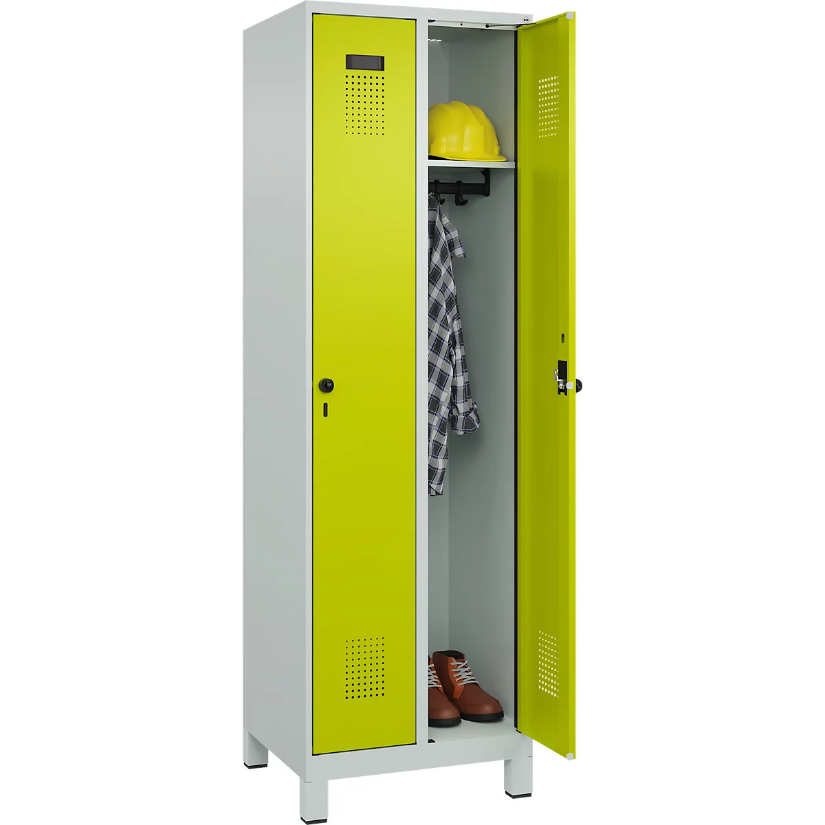 Vestiaire C+P Evolo Plus, 2 compartiments, largeur 300 mm, avec pieds, verrou rotatif de sécurité, L 600 x P 500 x H 1950 mm, gris clair/vert clown