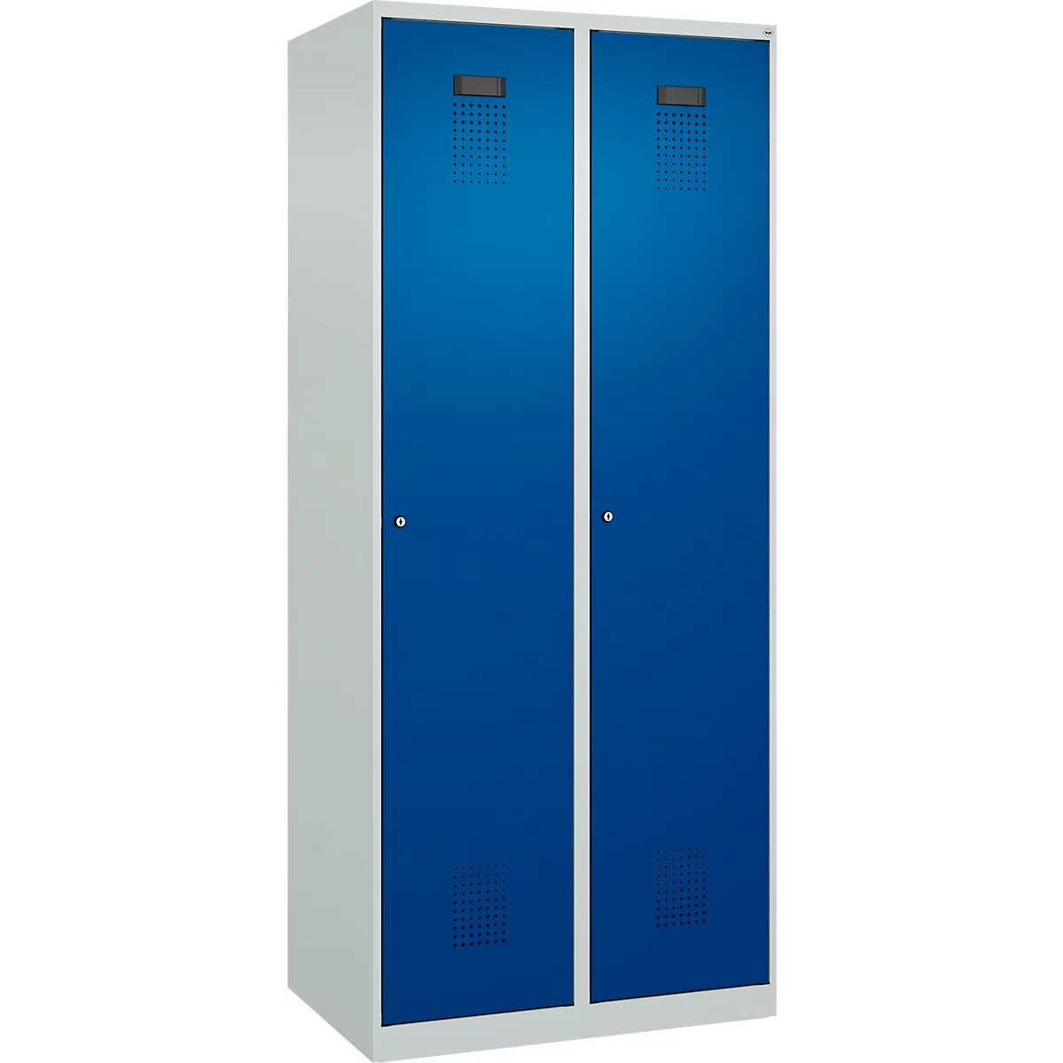 Vestiaire C+P Evolo Plus, 2 compartiments, largeur 400 mm, serrure à cylindre, butée soft, L 800 x P 500 x H 1850 mm, gris clair/bleu gentiane