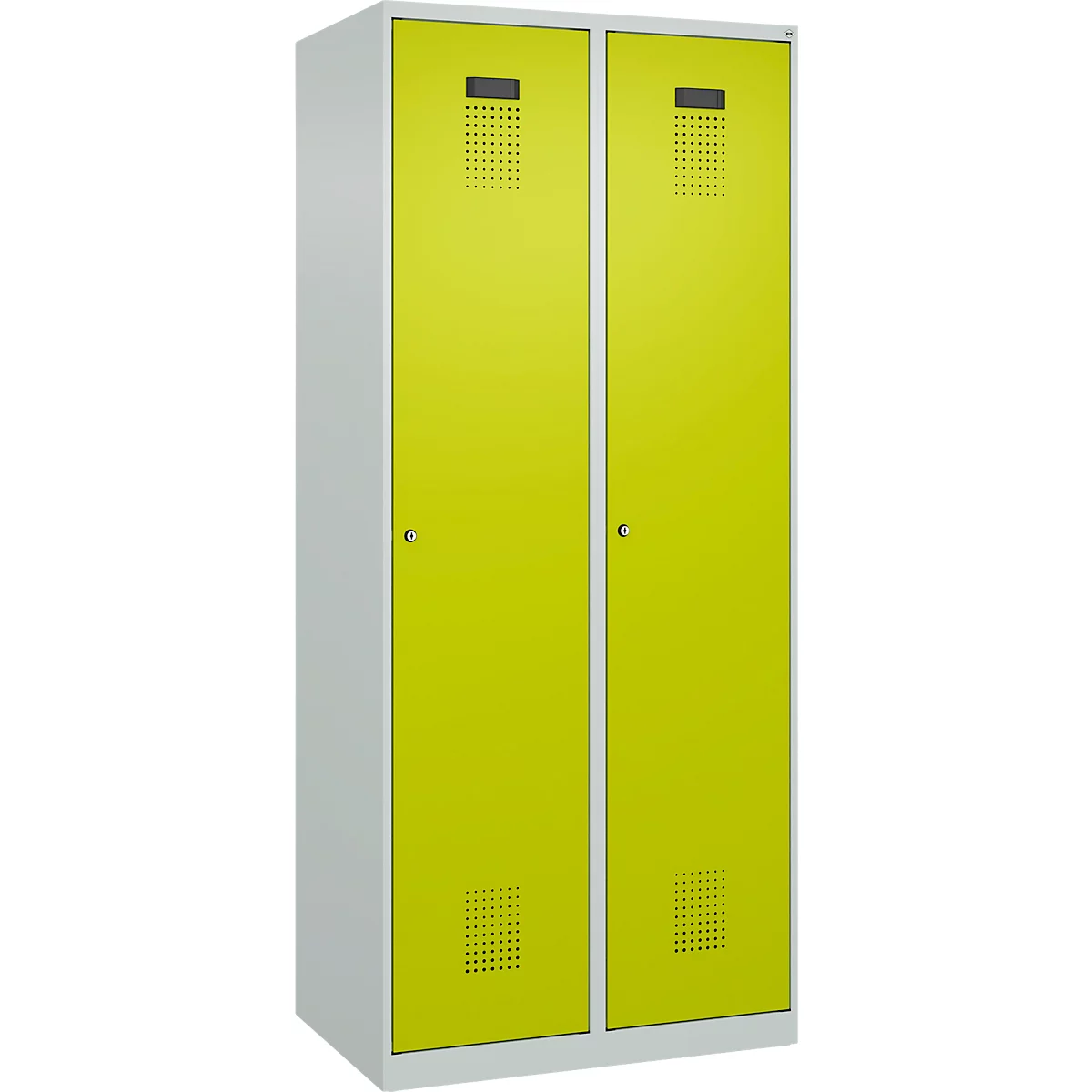 Vestiaire C+P Evolo Plus, 2 compartiments, largeur 400 mm, serrure à cylindre, butée soft, L 800 x P 500 x H 1850 mm, gris clair/vert clown
