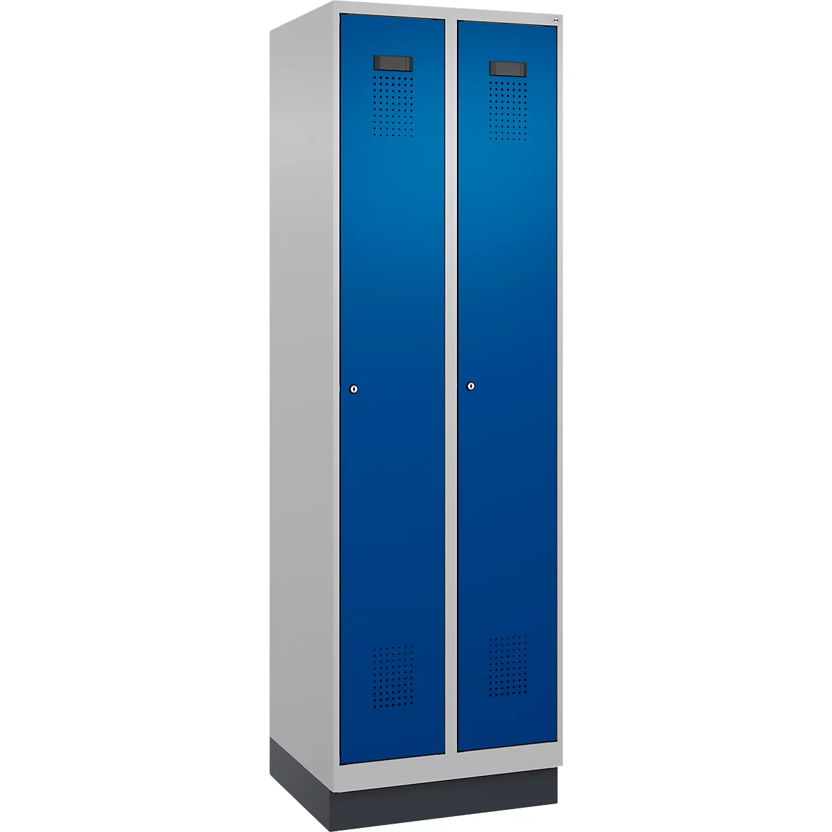 Vestiaire C+P Evolo Plus, 2 compartiments, largeur de compartiment 300 mm, avec socle, butée à droite, serrure à cylindre, butée soft, anti-effraction, L 600 x P 500 x H 1950 mm, aluminium blanc RAL 9006/bleu enzyme RAL 5010
