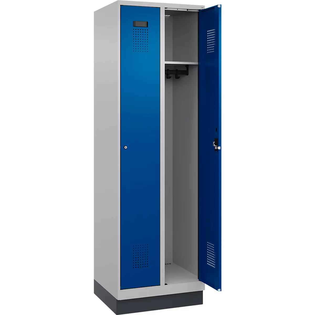 Vestiaire C+P Evolo Plus, 2 compartiments, largeur de compartiment 300 mm, avec socle, butée à droite, serrure à cylindre, butée soft, anti-effraction, L 600 x P 500 x H 1950 mm, aluminium blanc RAL 9006/bleu enzyme RAL 5010