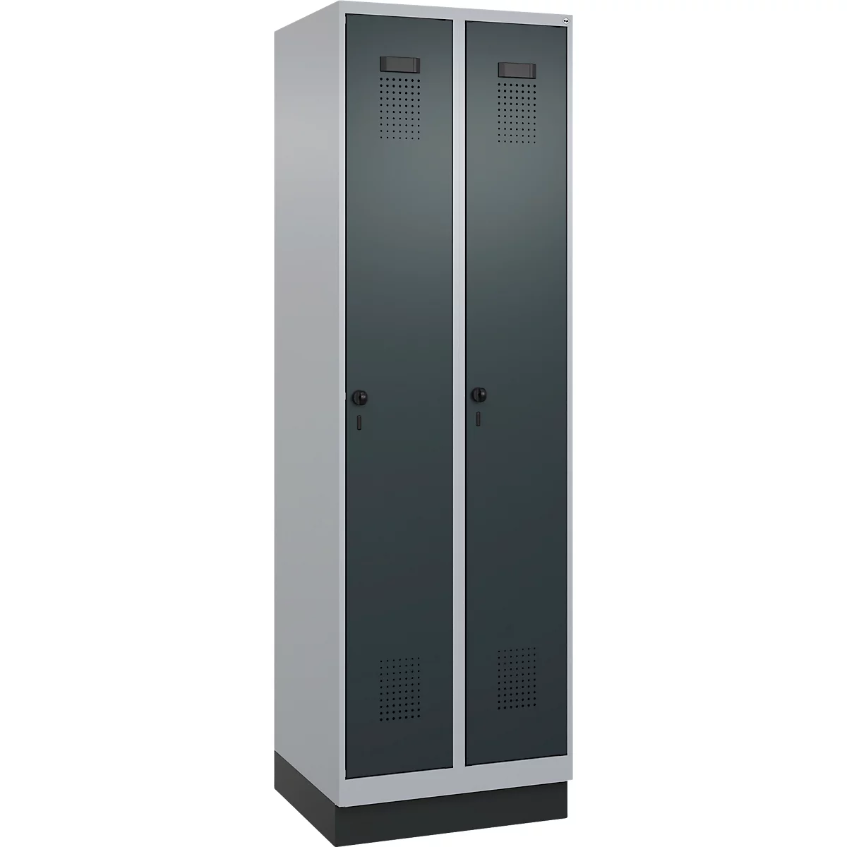 Vestiaire C+P Evolo Plus, 2 compartiments, largeur de compartiment 300 mm, avec socle, butée à droite, verrou rotatif de sécurité, butée Soft, anti-effraction, L 600 x P 500 x H 1950 mm, aluminium blanc RAL 9006/gris anthracite RAL 7016