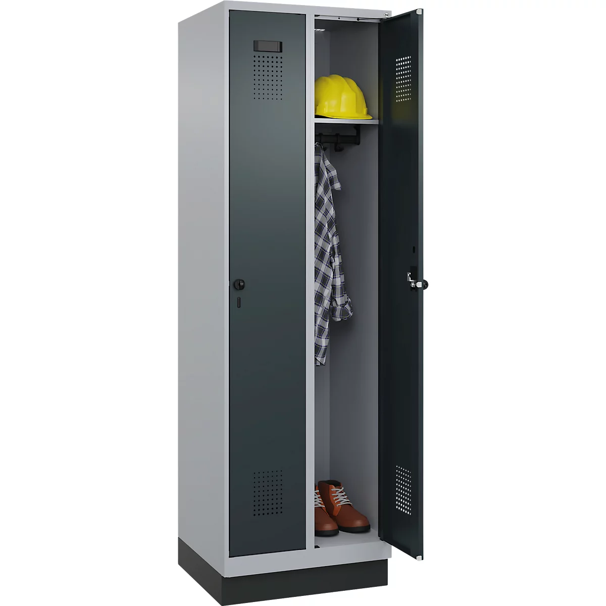 Vestiaire C+P Evolo Plus, 2 compartiments, largeur de compartiment 300 mm, avec socle, butée à droite, verrou rotatif de sécurité, butée Soft, anti-effraction, L 600 x P 500 x H 1950 mm, aluminium blanc RAL 9006/gris anthracite RAL 7016