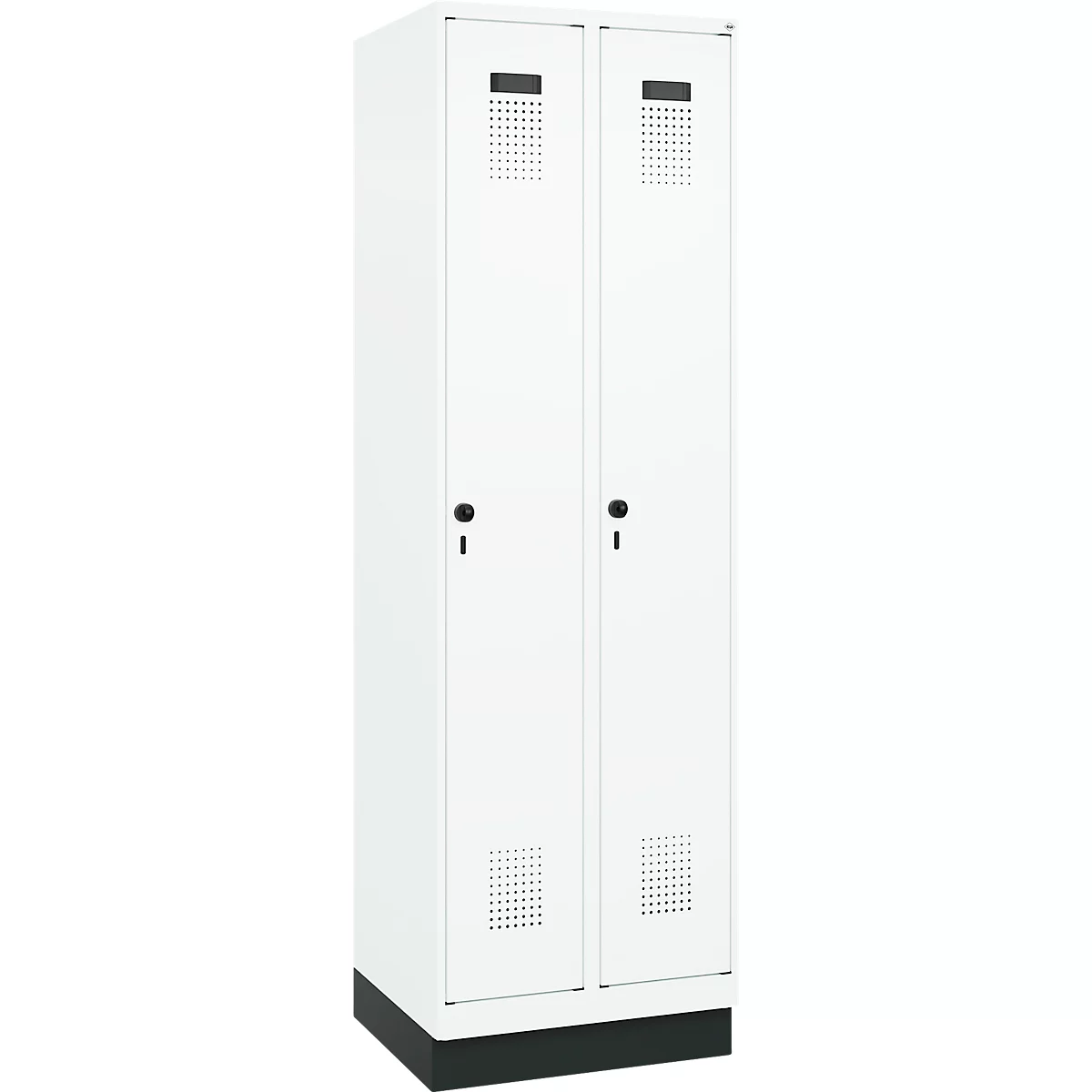 Vestiaire C+P Evolo Plus, 2 compartiments, largeur de compartiment 300 mm, avec socle, butée à droite, verrou rotatif de sécurité, butée Soft, anti-effraction, L 600 x P 500 x H 1950 mm, blanc trafic RAL 9016/blanc trafic RAL 9016