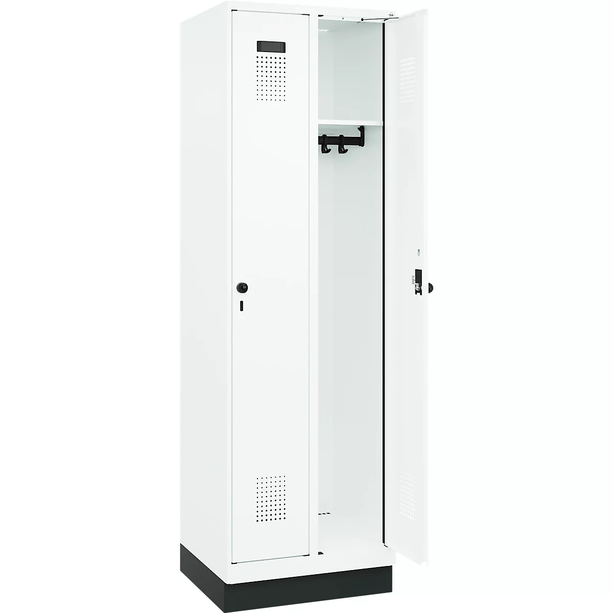 Vestiaire C+P Evolo Plus, 2 compartiments, largeur de compartiment 300 mm, avec socle, butée à droite, verrou rotatif de sécurité, butée Soft, anti-effraction, L 600 x P 500 x H 1950 mm, blanc trafic RAL 9016/blanc trafic RAL 9016