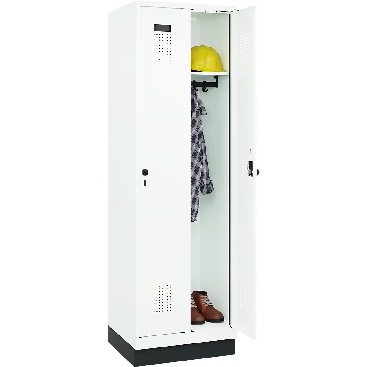 Vestiaire C+P Evolo Plus, 2 compartiments, largeur de compartiment 300 mm, avec socle, butée à droite, verrou rotatif de sécurité, butée Soft, anti-effraction, L 600 x P 500 x H 1950 mm, blanc trafic RAL 9016/blanc trafic RAL 9016