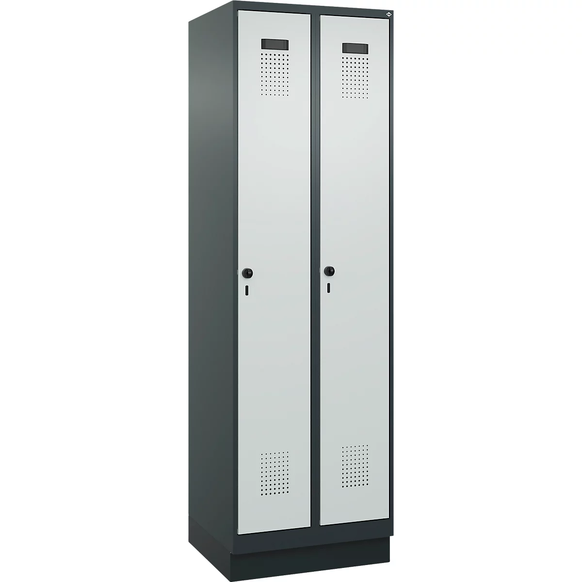 Vestiaire C+P Evolo Plus, 2 compartiments, largeur de compartiment 300 mm, avec socle, butée à droite, verrou rotatif de sécurité, butée Soft, anti-effraction, L 600 x P 500 x H 1950 mm, gris anthracite RAL 7016/gris clair RAL 7035