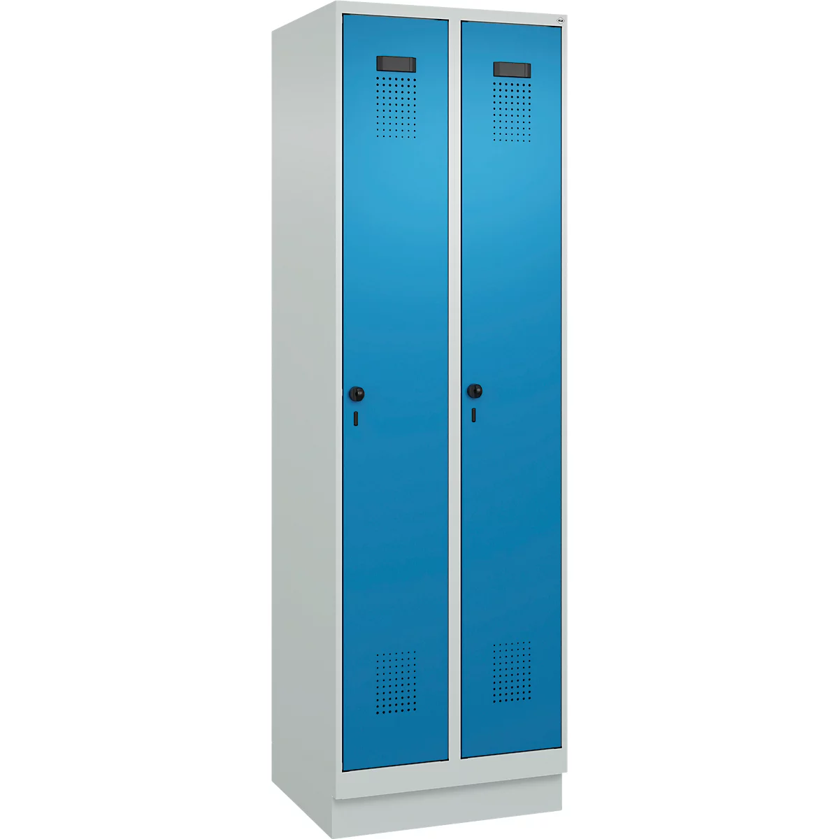 Vestiaire C+P Evolo Plus, 2 compartiments, largeur de compartiment 300 mm, avec socle, butée à droite, verrou rotatif de sécurité, butée Soft, anti-effraction, L 600 x P 500 x H 1950 mm, gris clair RAL 7035/bleu clair RAL 5012