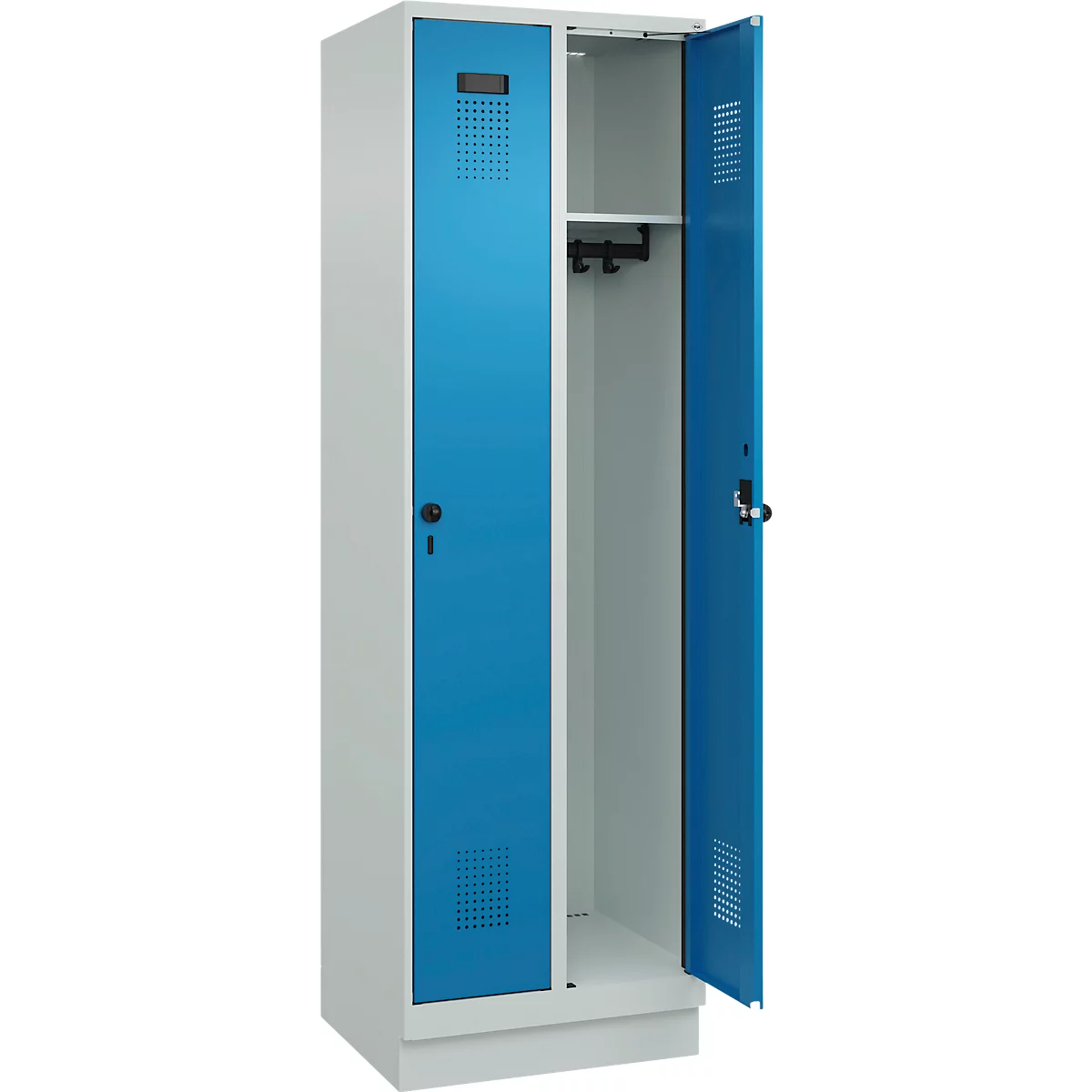 Vestiaire C+P Evolo Plus, 2 compartiments, largeur de compartiment 300 mm, avec socle, butée à droite, verrou rotatif de sécurité, butée Soft, anti-effraction, L 600 x P 500 x H 1950 mm, gris clair RAL 7035/bleu clair RAL 5012