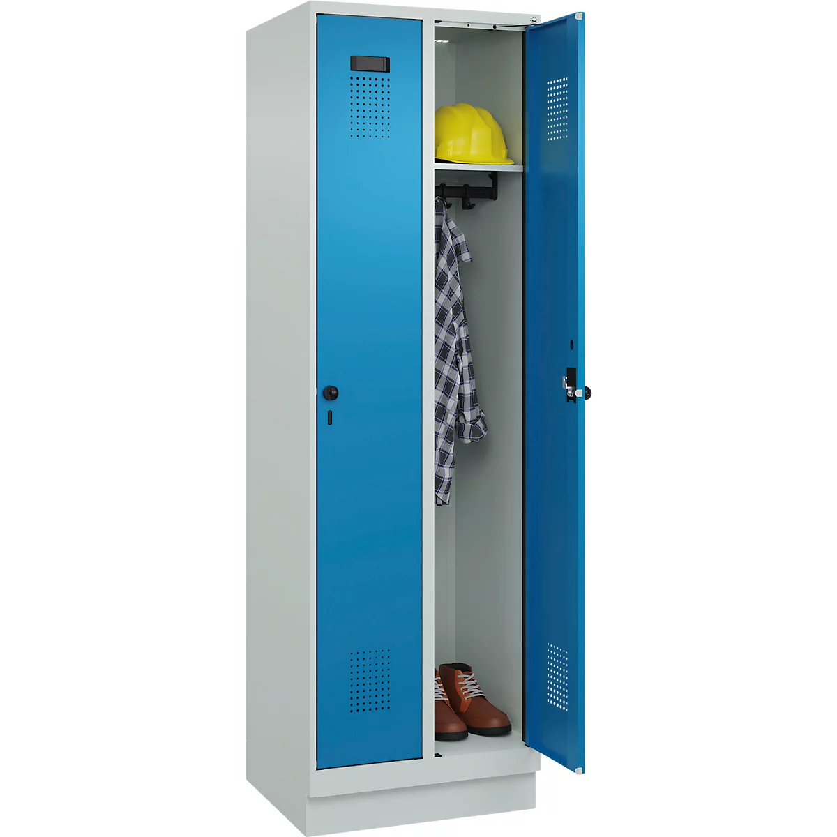 Vestiaire C+P Evolo Plus, 2 compartiments, largeur de compartiment 300 mm, avec socle, butée à droite, verrou rotatif de sécurité, butée Soft, anti-effraction, L 600 x P 500 x H 1950 mm, gris clair RAL 7035/bleu clair RAL 5012