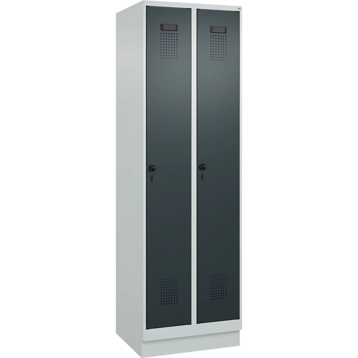 Vestiaire C+P Evolo Plus, 2 compartiments, largeur de compartiment 300 mm, avec socle, butée à droite, verrou rotatif de sécurité, butée Soft, anti-effraction, L 600 x P 500 x H 1950 mm, gris clair RAL 7035/gris anthracite RAL 7016