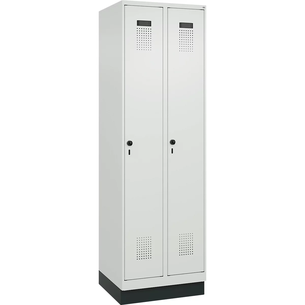 Vestiaire C+P Evolo Plus, 2 compartiments, largeur de compartiment 300 mm, avec socle, butée à droite, verrou rotatif de sécurité, butée Soft, anti-effraction, L 600 x P 500 x H 1950 mm, gris clair RAL 7035/gris clair RAL 7035