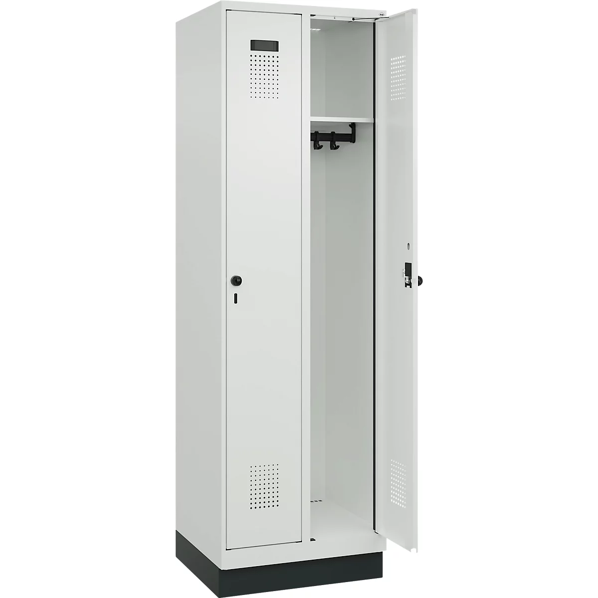 Vestiaire C+P Evolo Plus, 2 compartiments, largeur de compartiment 300 mm, avec socle, butée à droite, verrou rotatif de sécurité, butée Soft, anti-effraction, L 600 x P 500 x H 1950 mm, gris clair RAL 7035/gris clair RAL 7035