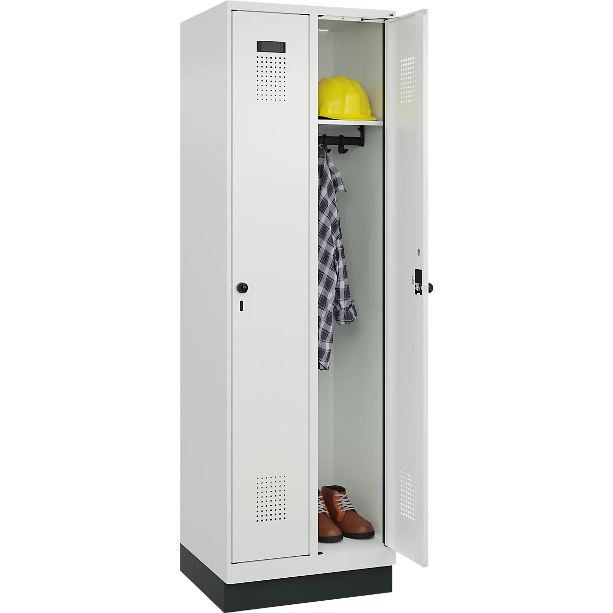Vestiaire C+P Evolo Plus, 2 compartiments, largeur de compartiment 300 mm, avec socle, butée à droite, verrou rotatif de sécurité, butée Soft, anti-effraction, L 600 x P 500 x H 1950 mm, gris clair RAL 7035/gris clair RAL 7035