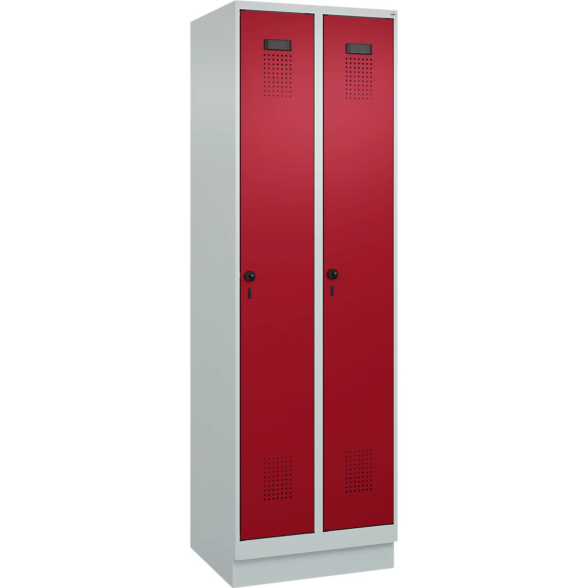 Vestiaire C+P Evolo Plus, 2 compartiments, largeur de compartiment 300 mm, avec socle, butée à droite, verrou rotatif de sécurité, butée Soft, anti-effraction, L 600 x P 500 x H 1950 mm, gris clair RAL 7035/rouge rubis RAL 3003