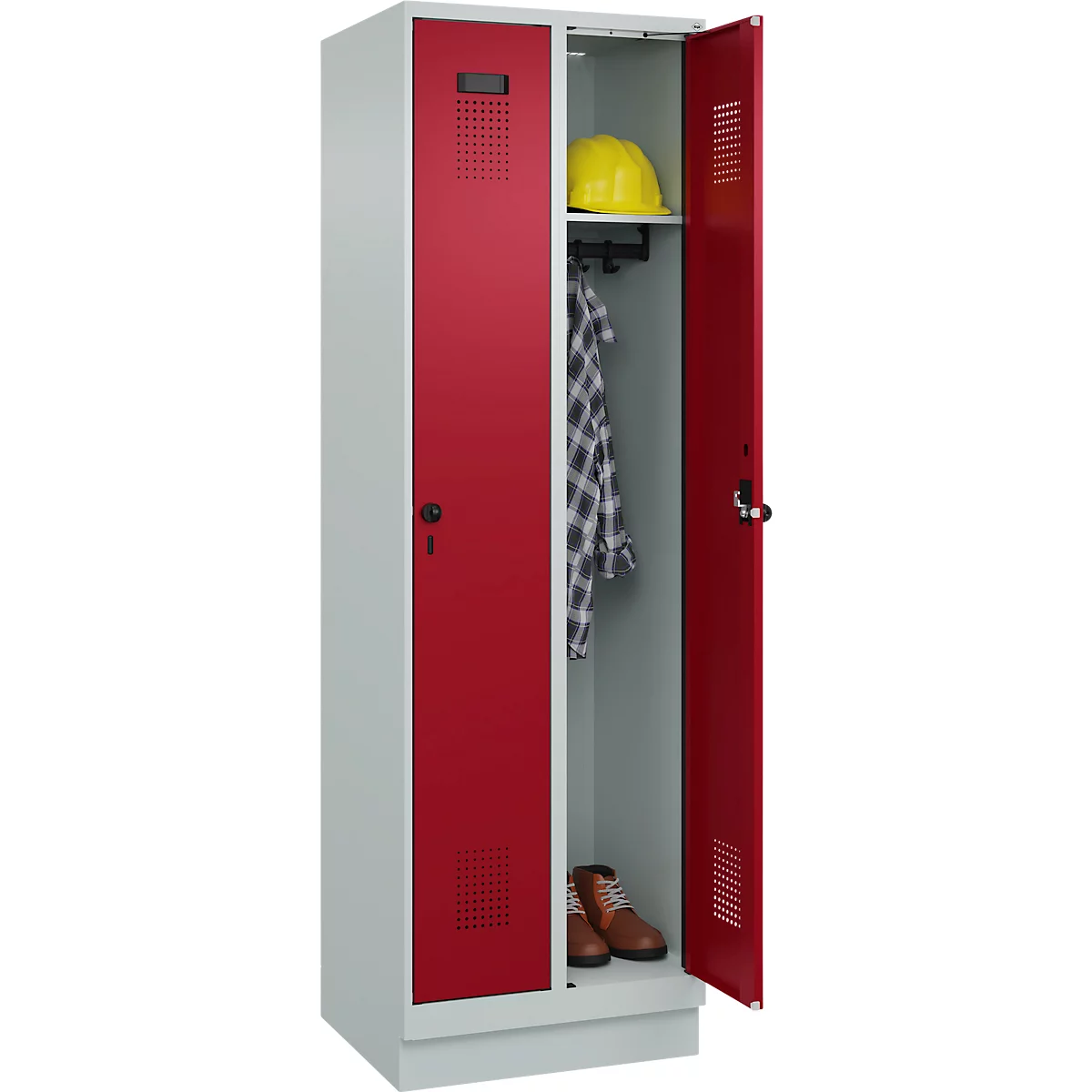 Vestiaire C+P Evolo Plus, 2 compartiments, largeur de compartiment 300 mm, avec socle, butée à droite, verrou rotatif de sécurité, butée Soft, anti-effraction, L 600 x P 500 x H 1950 mm, gris clair RAL 7035/rouge rubis RAL 3003