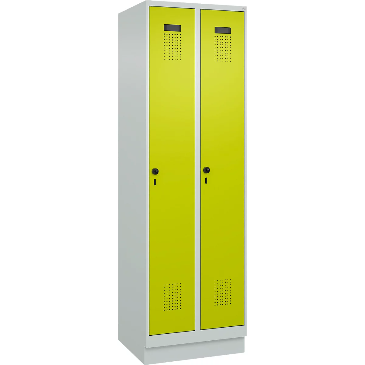 Vestiaire C+P Evolo Plus, 2 compartiments, largeur de compartiment 300 mm, avec socle, butée à droite, verrou rotatif de sécurité, butée Soft, anti-effraction, L 600 x P 500 x H 1950 mm, gris clair RAL 7035/vert clown RAL 1108060