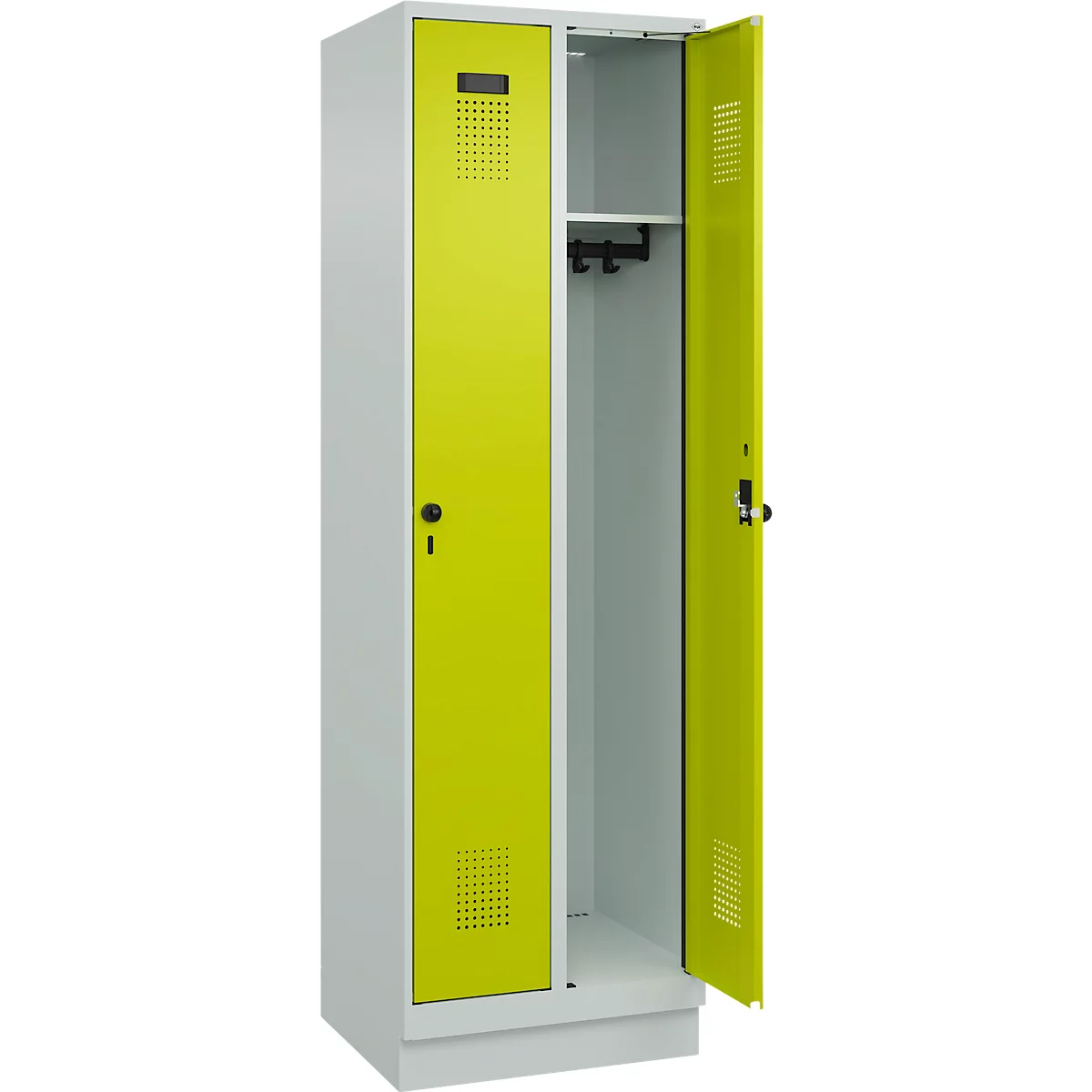 Vestiaire C+P Evolo Plus, 2 compartiments, largeur de compartiment 300 mm, avec socle, butée à droite, verrou rotatif de sécurité, butée Soft, anti-effraction, L 600 x P 500 x H 1950 mm, gris clair RAL 7035/vert clown RAL 1108060