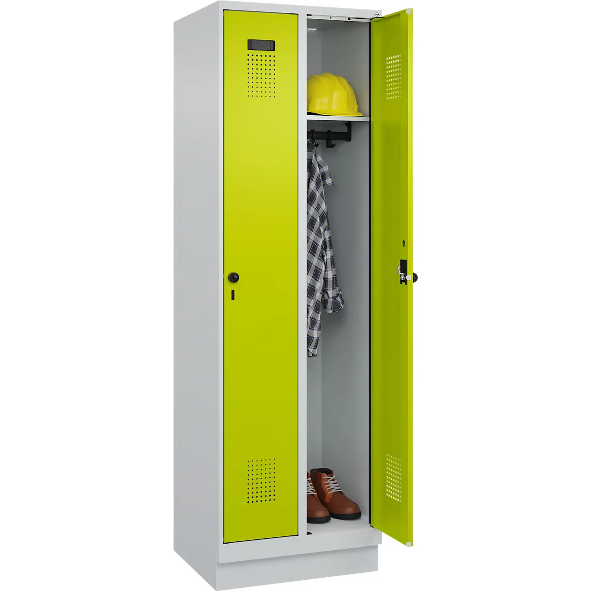 Vestiaire C+P Evolo Plus, 2 compartiments, largeur de compartiment 300 mm, avec socle, butée à droite, verrou rotatif de sécurité, butée Soft, anti-effraction, L 600 x P 500 x H 1950 mm, gris clair RAL 7035/vert clown RAL 1108060