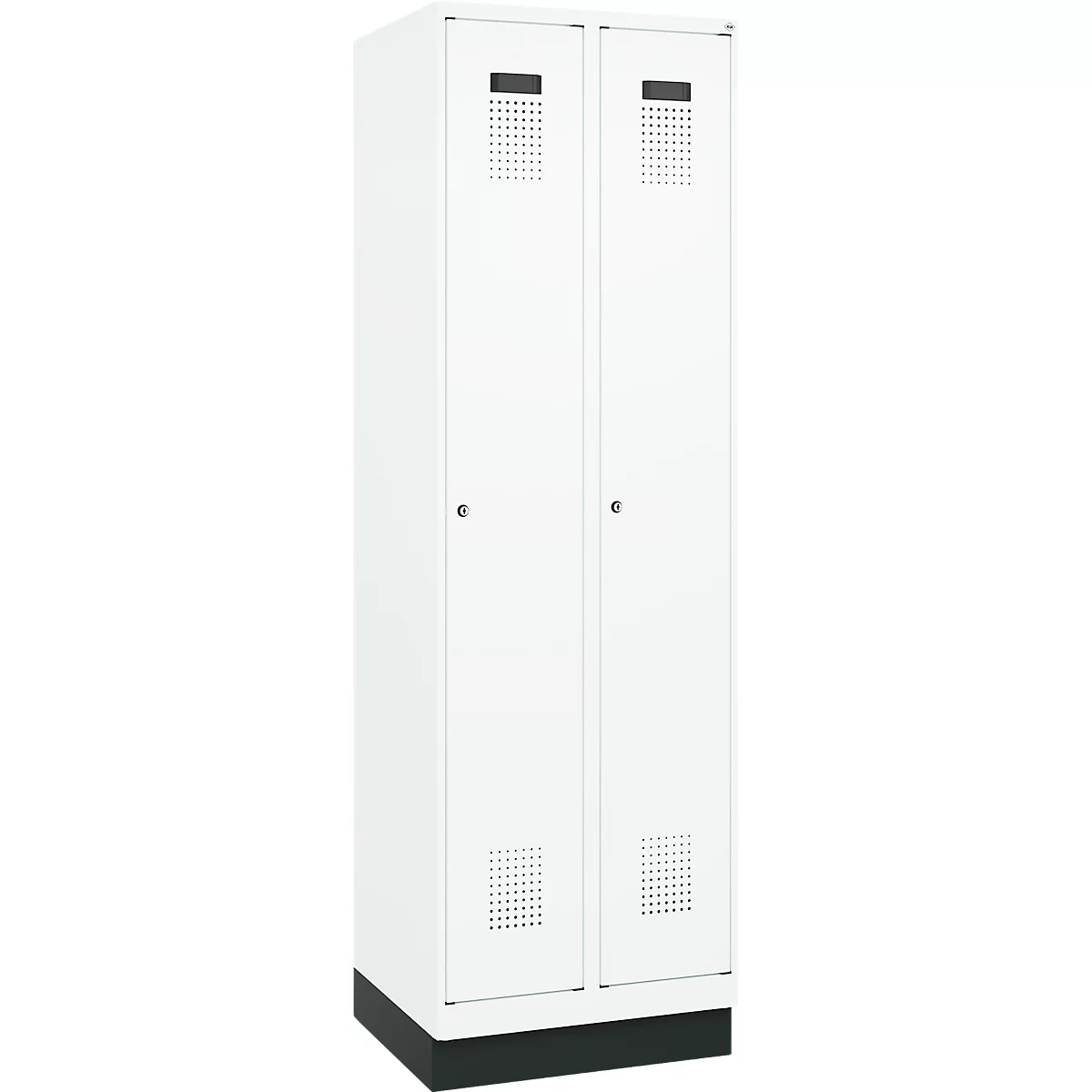 Vestiaire C+P Evolo Plus, 2 compartiments, largeur de compartiment 300 mm, avec socle, butée droite, serrure à cylindre, butée soft, anti-effraction, L 600 x P 500 x H 1950 mm, blanc trafic RAL 9016/blanc trafic RAL 9016