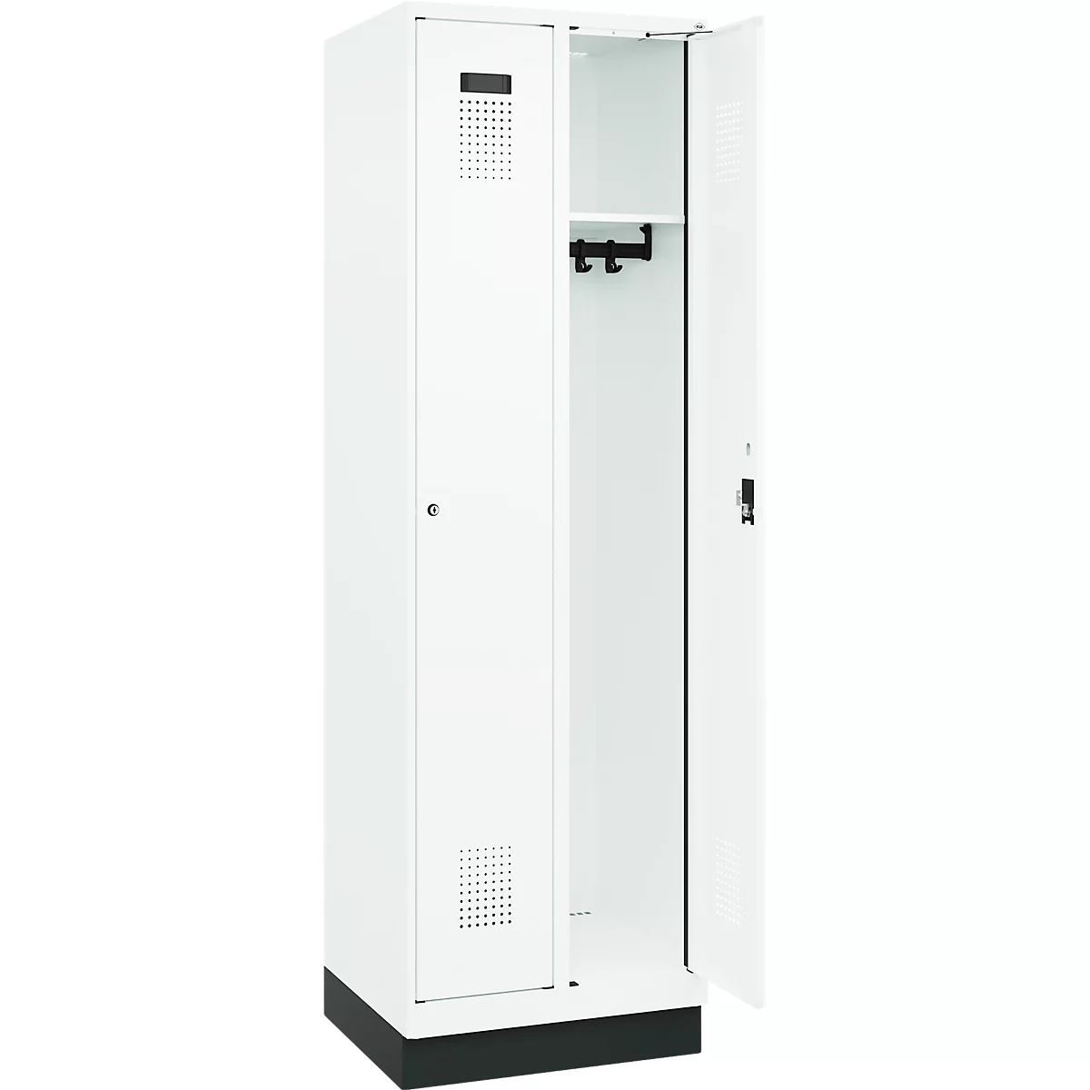 Vestiaire C+P Evolo Plus, 2 compartiments, largeur de compartiment 300 mm, avec socle, butée droite, serrure à cylindre, butée soft, anti-effraction, L 600 x P 500 x H 1950 mm, blanc trafic RAL 9016/blanc trafic RAL 9016