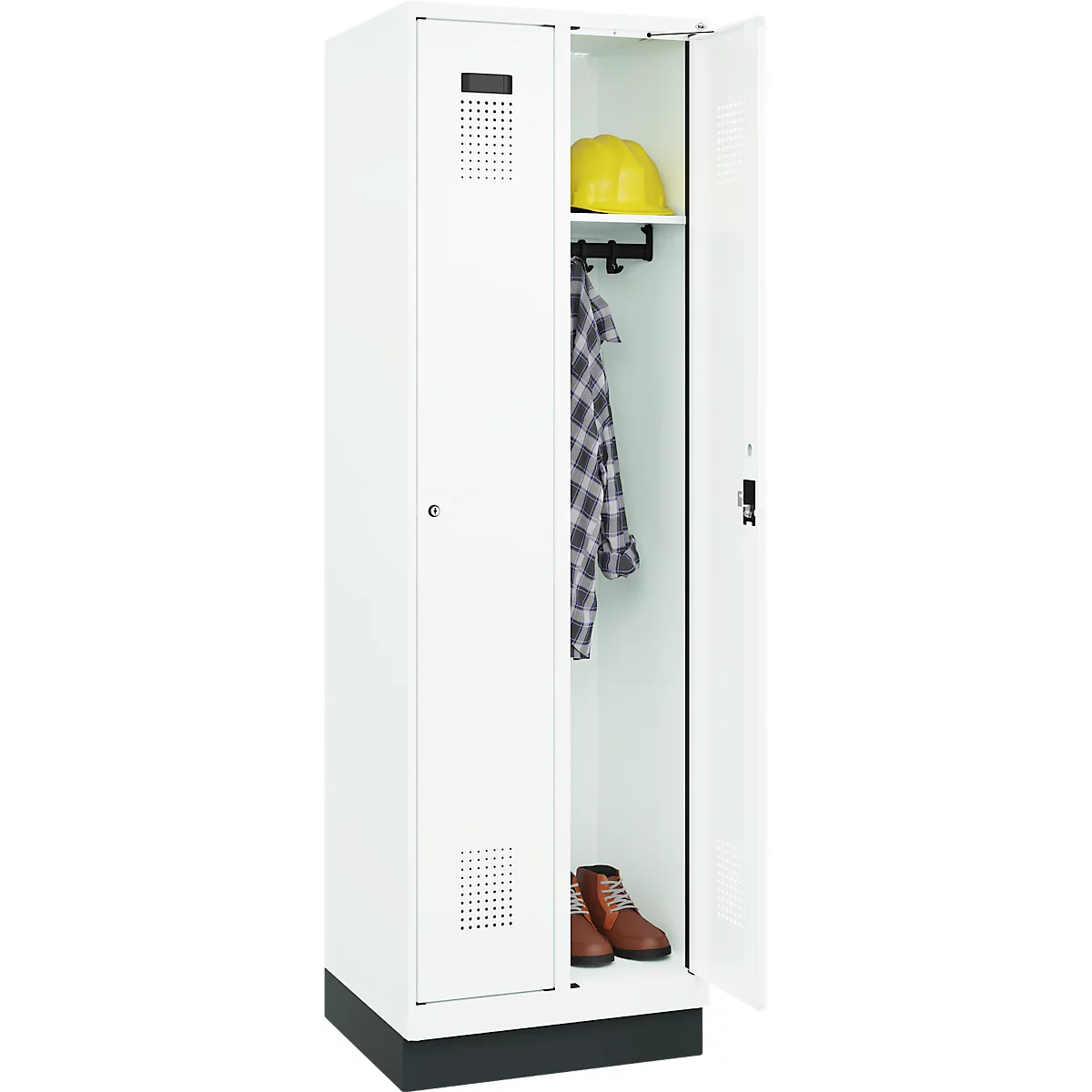 Vestiaire C+P Evolo Plus, 2 compartiments, largeur de compartiment 300 mm, avec socle, butée droite, serrure à cylindre, butée soft, anti-effraction, L 600 x P 500 x H 1950 mm, blanc trafic RAL 9016/blanc trafic RAL 9016