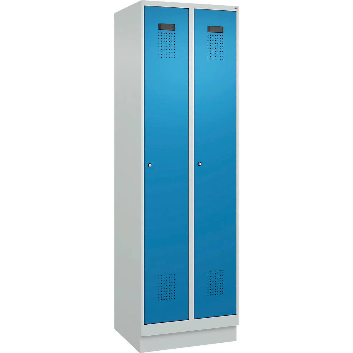 Vestiaire C+P Evolo Plus, 2 compartiments, largeur de compartiment 300 mm, avec socle, butée droite, serrure à cylindre, butée soft, anti-effraction, L 600 x P 500 x H 1950 mm, gris clair RAL 7035/bleu clair RAL 5012