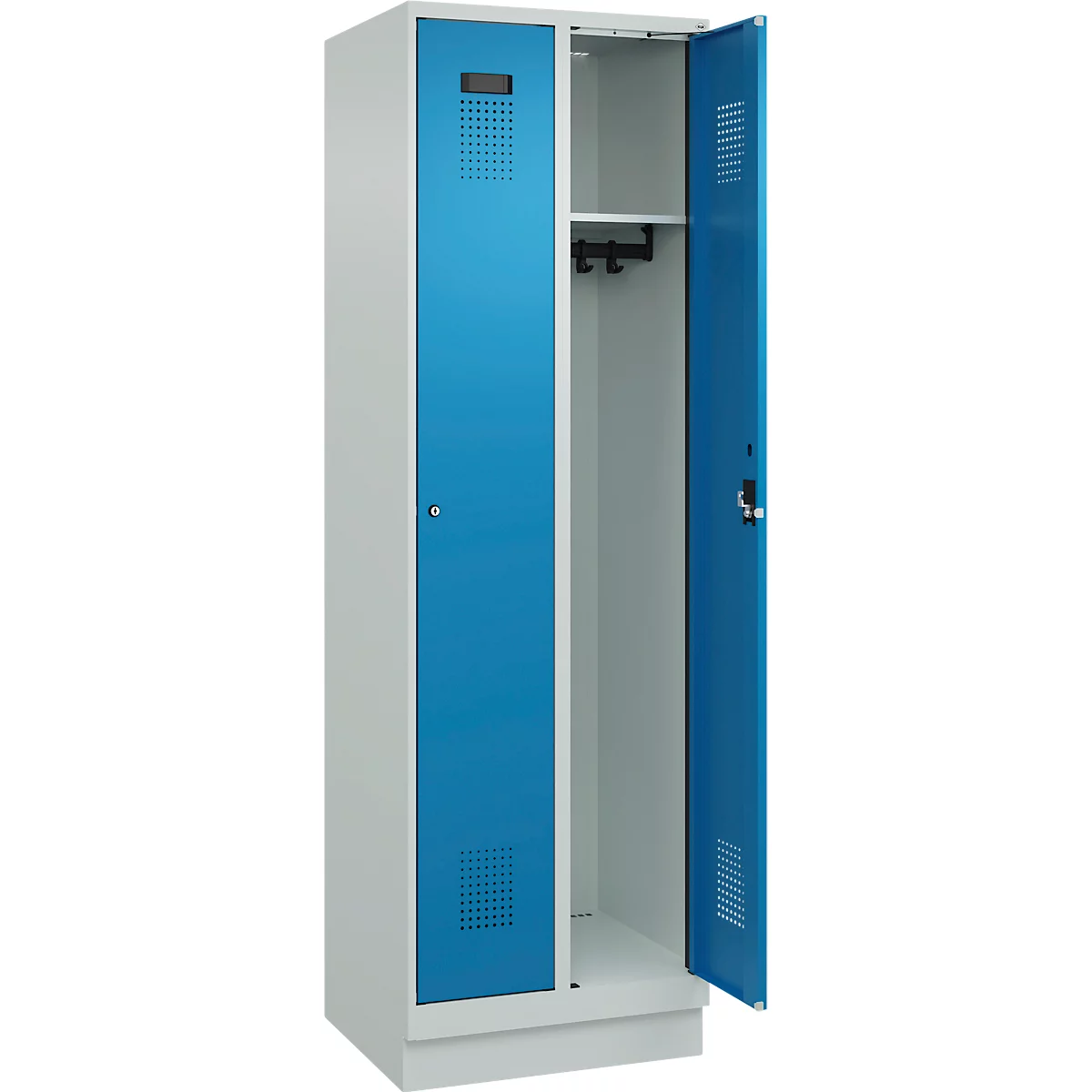 Vestiaire C+P Evolo Plus, 2 compartiments, largeur de compartiment 300 mm, avec socle, butée droite, serrure à cylindre, butée soft, anti-effraction, L 600 x P 500 x H 1950 mm, gris clair RAL 7035/bleu clair RAL 5012