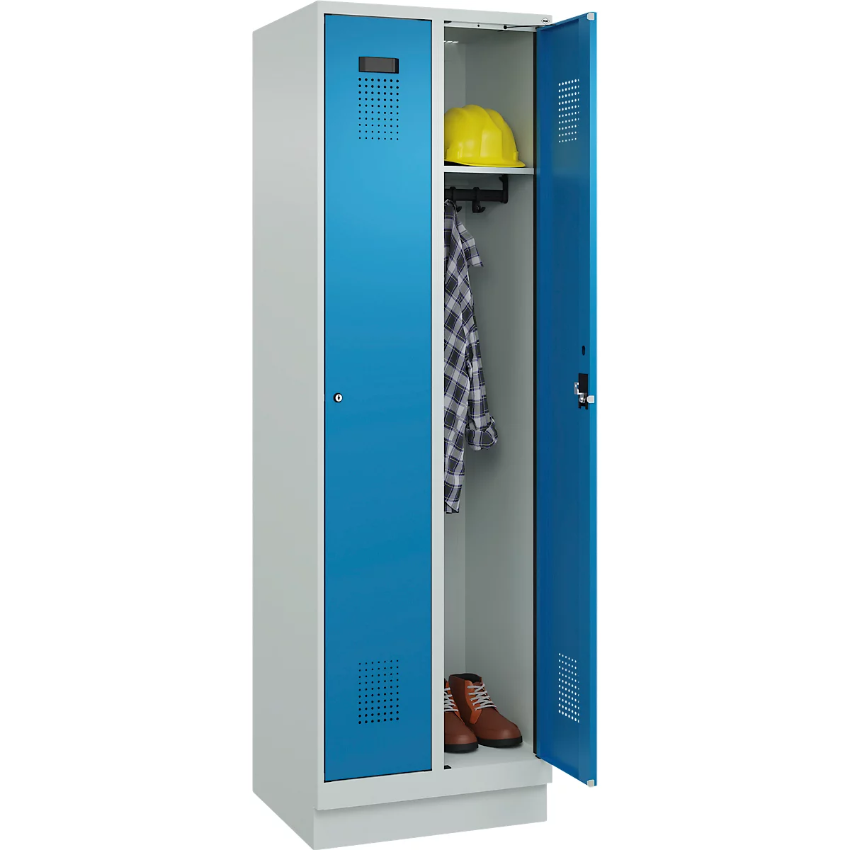 Vestiaire C+P Evolo Plus, 2 compartiments, largeur de compartiment 300 mm, avec socle, butée droite, serrure à cylindre, butée soft, anti-effraction, L 600 x P 500 x H 1950 mm, gris clair RAL 7035/bleu clair RAL 5012