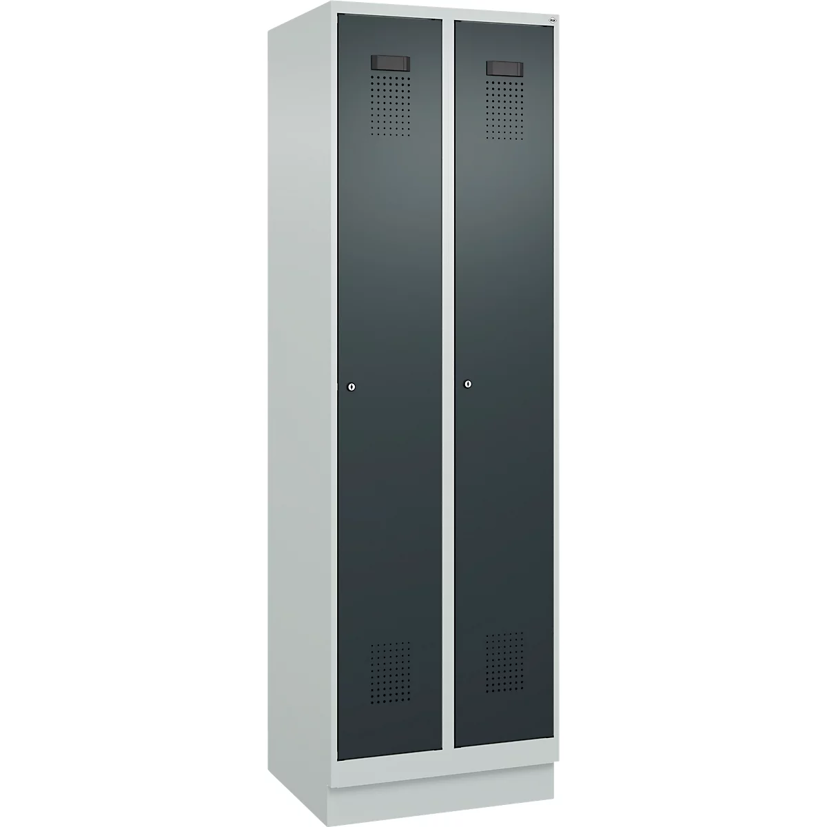 Vestiaire C+P Evolo Plus, 2 compartiments, largeur de compartiment 300 mm, avec socle, butée droite, serrure à cylindre, butée soft, anti-effraction, L 600 x P 500 x H 1950 mm, gris clair RAL 7035/gris anthracite RAL 7016