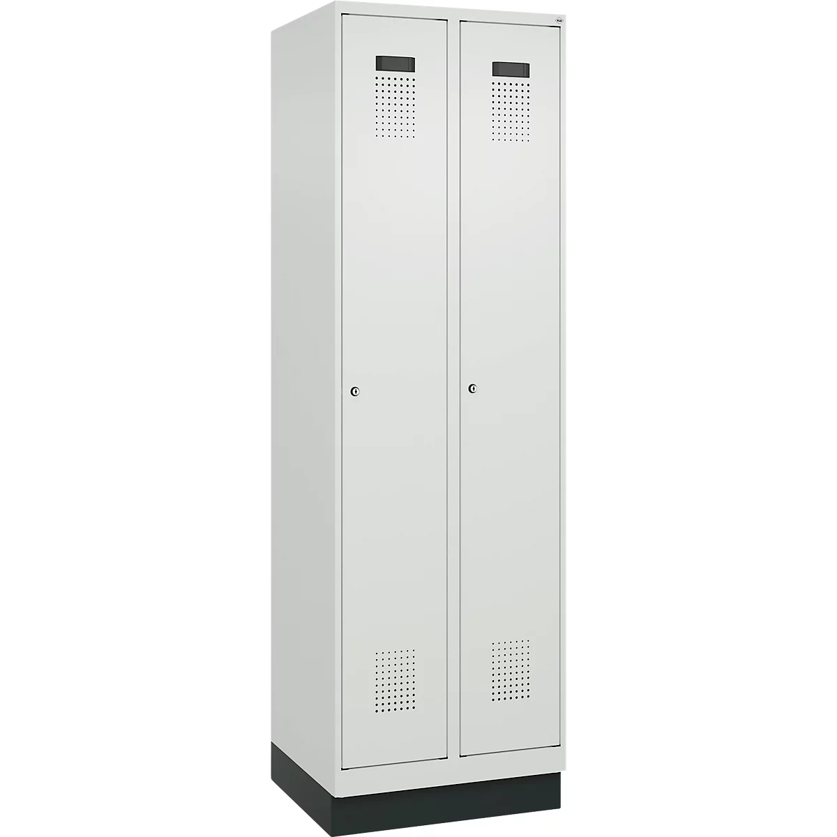 Vestiaire C+P Evolo Plus, 2 compartiments, largeur de compartiment 300 mm, avec socle, butée droite, serrure à cylindre, butée soft, anti-effraction, L 600 x P 500 x H 1950 mm, gris clair RAL 7035/gris clair RAL 7035