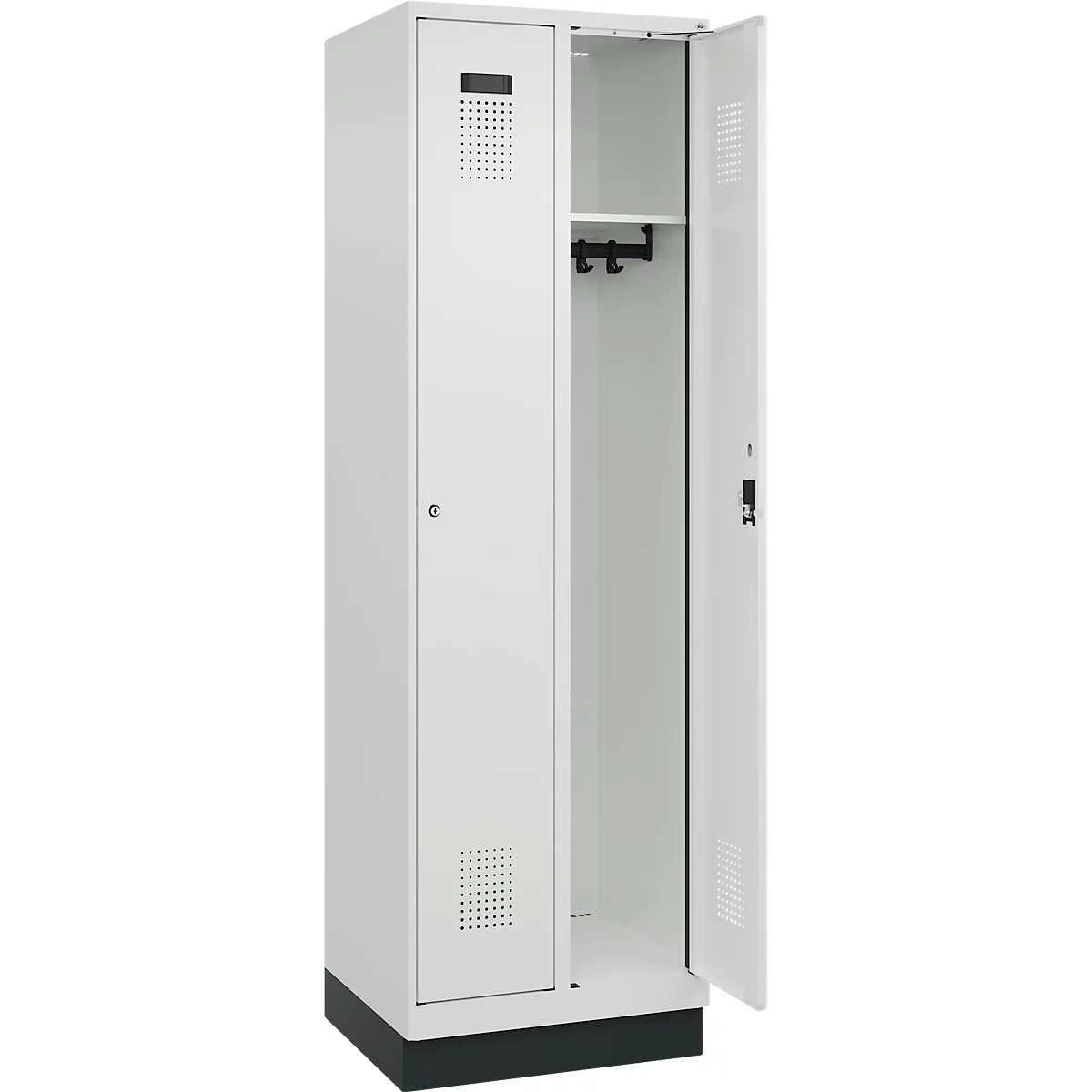 Vestiaire C+P Evolo Plus, 2 compartiments, largeur de compartiment 300 mm, avec socle, butée droite, serrure à cylindre, butée soft, anti-effraction, L 600 x P 500 x H 1950 mm, gris clair RAL 7035/gris clair RAL 7035