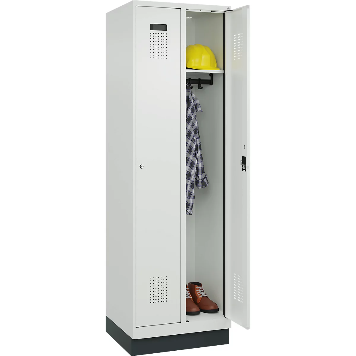 Vestiaire C+P Evolo Plus, 2 compartiments, largeur de compartiment 300 mm, avec socle, butée droite, serrure à cylindre, butée soft, anti-effraction, L 600 x P 500 x H 1950 mm, gris clair RAL 7035/gris clair RAL 7035