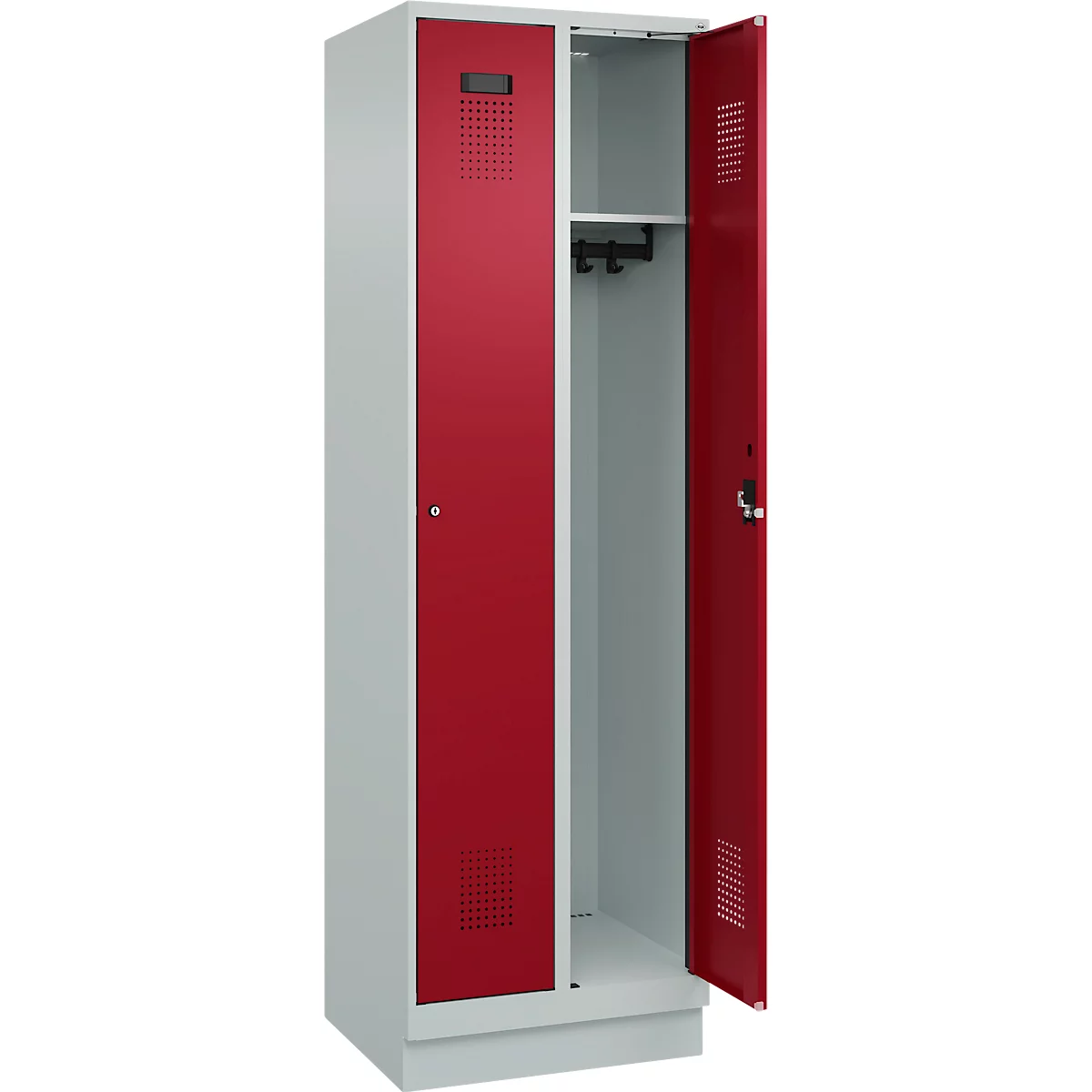Vestiaire C+P Evolo Plus, 2 compartiments, largeur de compartiment 300 mm, avec socle, butée droite, serrure à cylindre, butée soft, anti-effraction, L 600 x P 500 x H 1950 mm, gris clair RAL 7035/rouge rubis RAL 3003