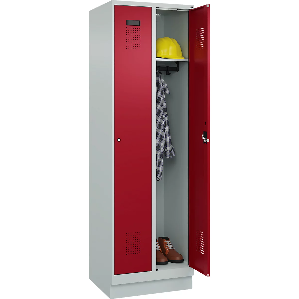 Vestiaire C+P Evolo Plus, 2 compartiments, largeur de compartiment 300 mm, avec socle, butée droite, serrure à cylindre, butée soft, anti-effraction, L 600 x P 500 x H 1950 mm, gris clair RAL 7035/rouge rubis RAL 3003