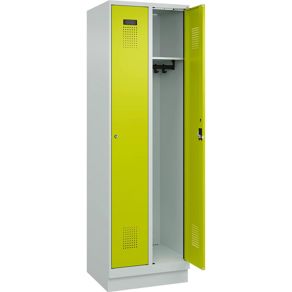 Vestiaire C+P Evolo Plus, 2 compartiments, largeur de compartiment 300 mm, avec socle, butée droite, serrure à cylindre, butée soft, anti-effraction, L 600 x P 500 x H 1950 mm, gris clair RAL 7035/vert clown RAL 1108060