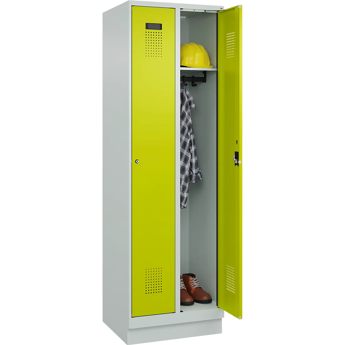 Vestiaire C+P Evolo Plus, 2 compartiments, largeur de compartiment 300 mm, avec socle, butée droite, serrure à cylindre, butée soft, anti-effraction, L 600 x P 500 x H 1950 mm, gris clair RAL 7035/vert clown RAL 1108060