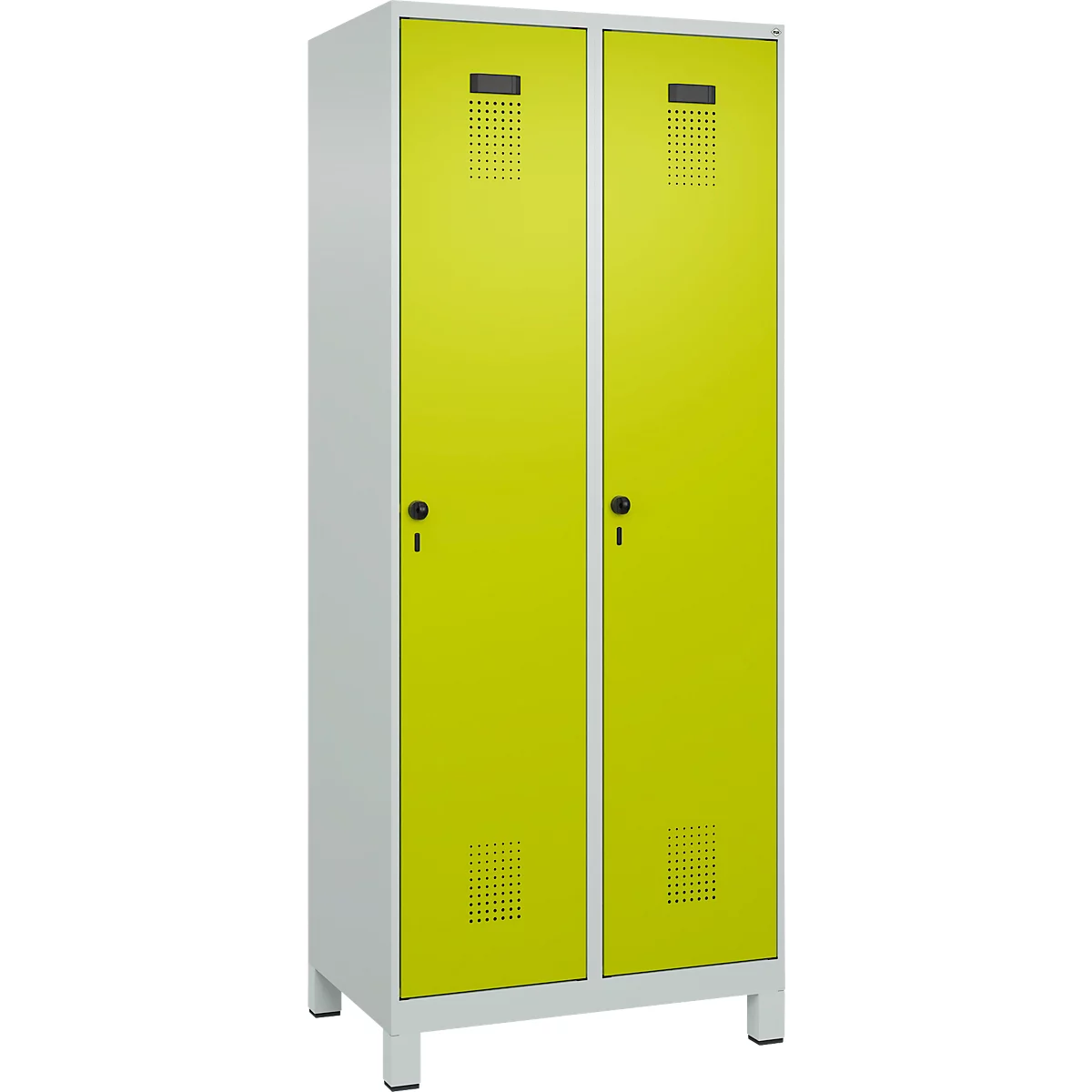 Un meuble à deux portes avec des portes jaunes, des trous et des poignées noires.