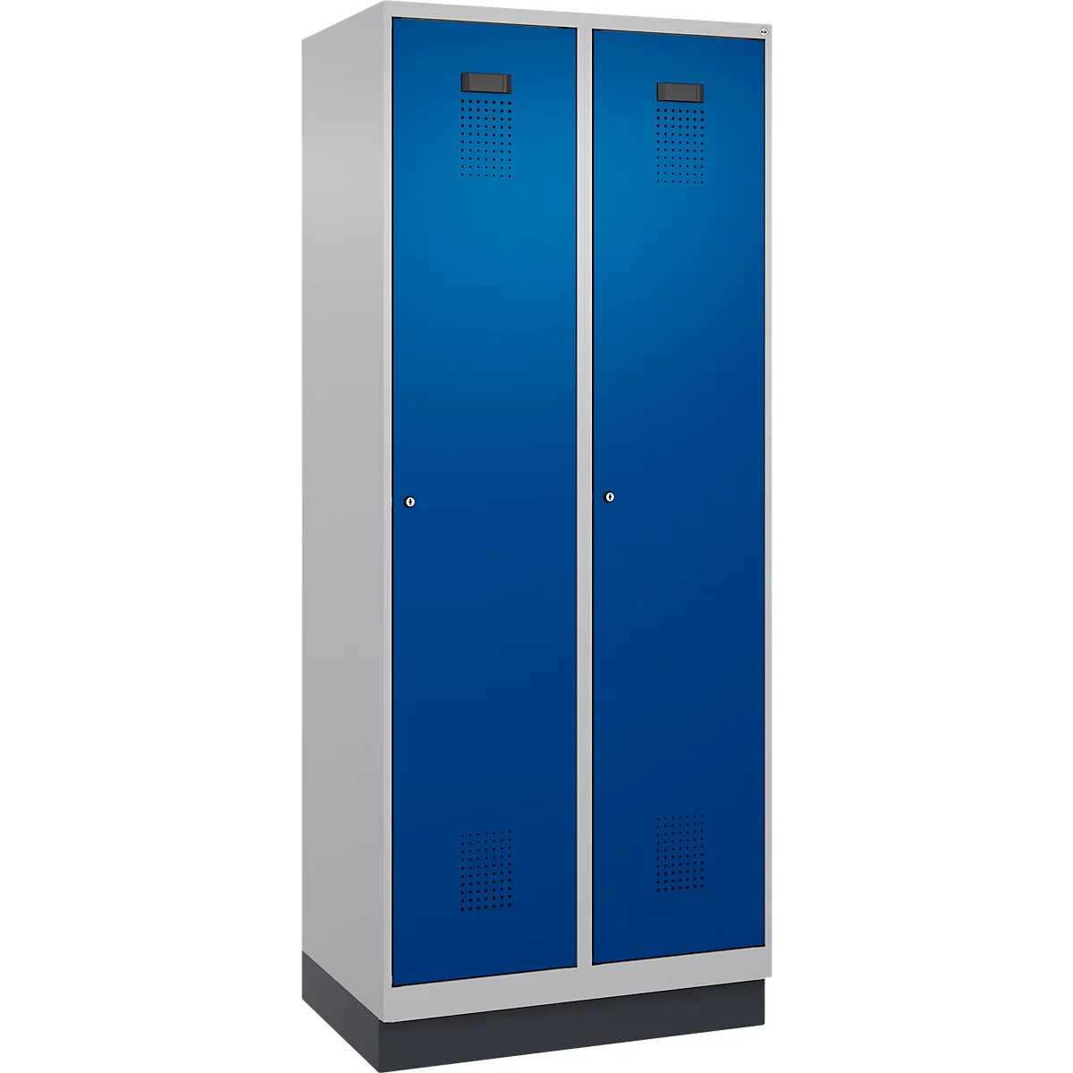 Vestiaire C+P Evolo Plus, 2 compartiments, largeur de compartiment 400 mm, avec socle, charnières à droite, L 800 x P 500 x H 1950 mm, cylindre, aluminium blanc/bleu gentiane