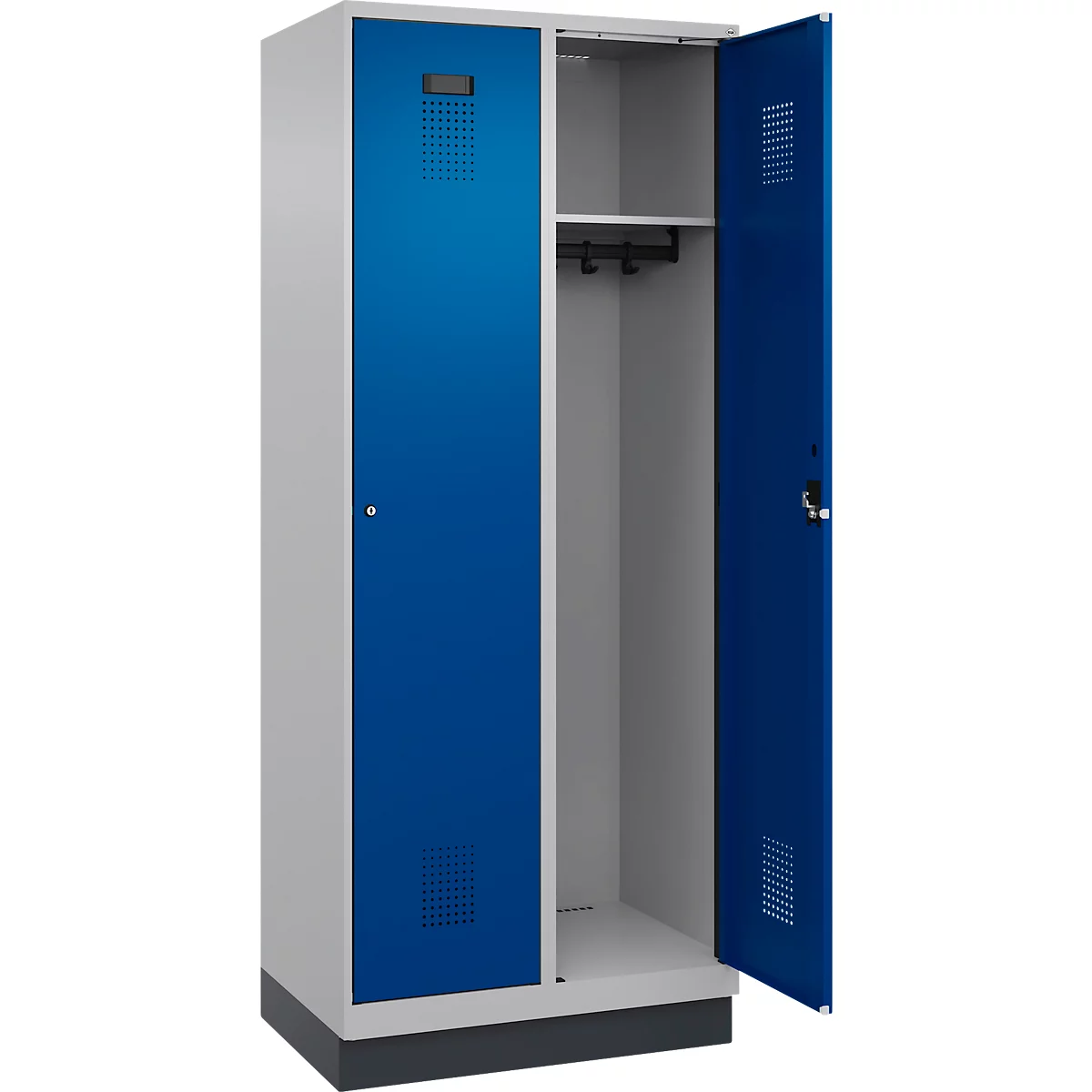 Vestiaire C+P Evolo Plus, 2 compartiments, largeur de compartiment 400 mm, avec socle, charnières à droite, L 800 x P 500 x H 1950 mm, cylindre, aluminium blanc/bleu gentiane