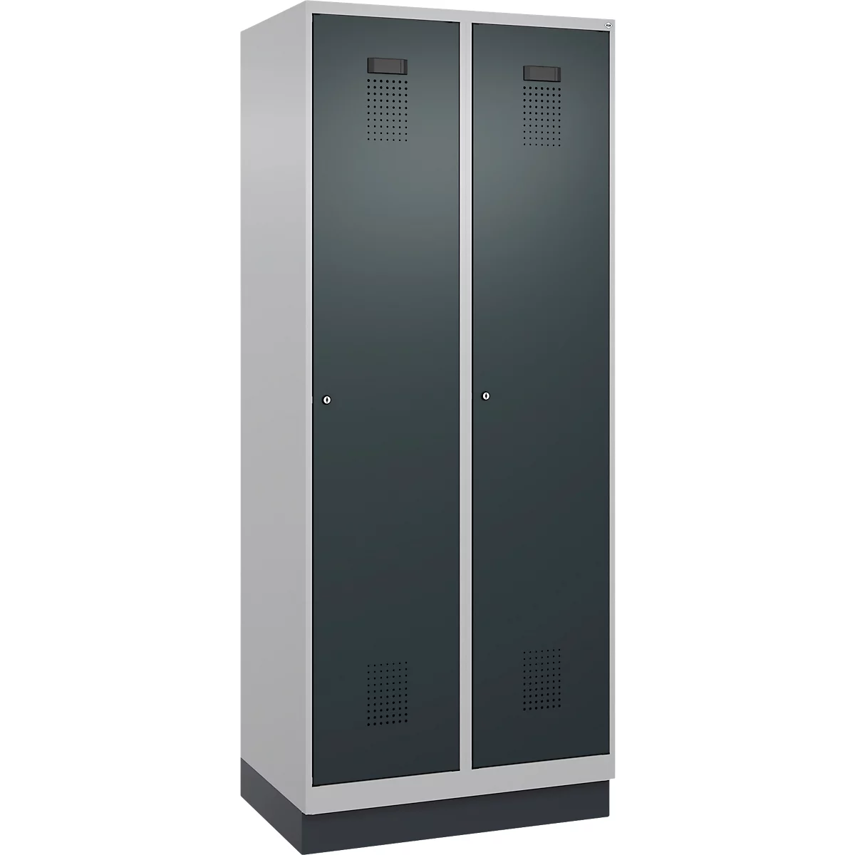 Vestiaire C+P Evolo Plus, 2 compartiments, largeur de compartiment 400 mm, avec socle, charnières à droite, L 800 x P 500 x H 1950 mm, cylindre, aluminium blanc/gris anthracite