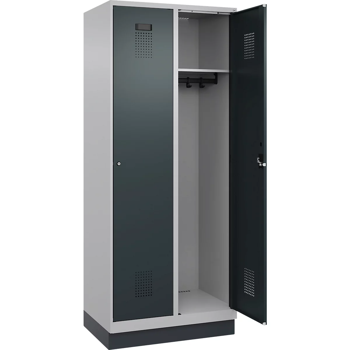 Vestiaire C+P Evolo Plus, 2 compartiments, largeur de compartiment 400 mm, avec socle, charnières à droite, L 800 x P 500 x H 1950 mm, cylindre, aluminium blanc/gris anthracite