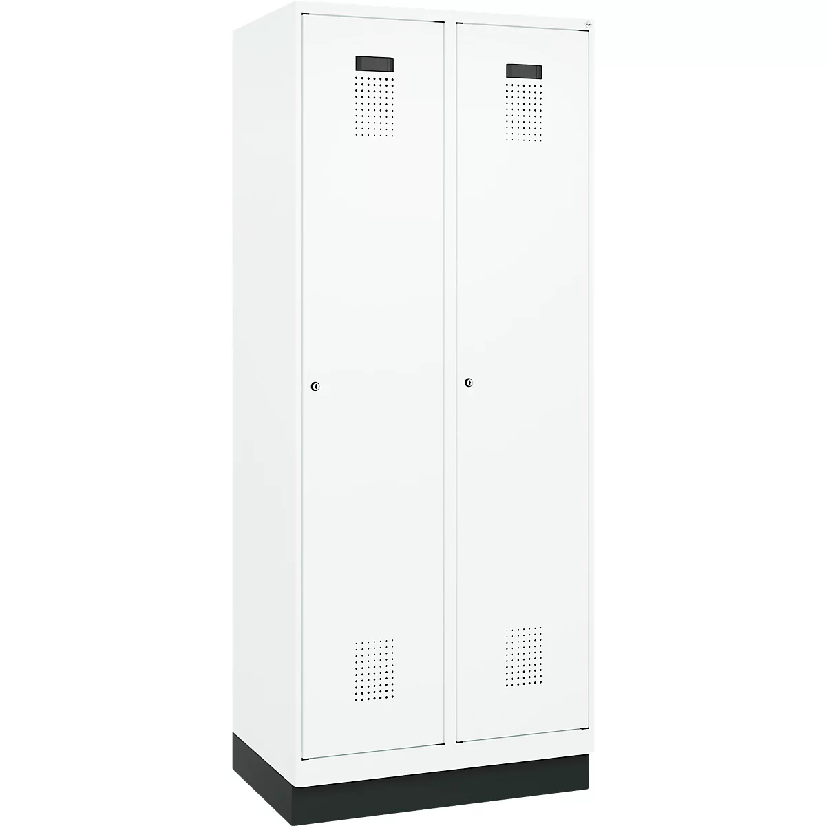 Vestiaire C+P Evolo Plus, 2 compartiments, largeur de compartiment 400 mm, avec socle, charnières à droite, L 800 x P 500 x H 1950 mm, cylindre, blanc signalisation/blanc trafic
