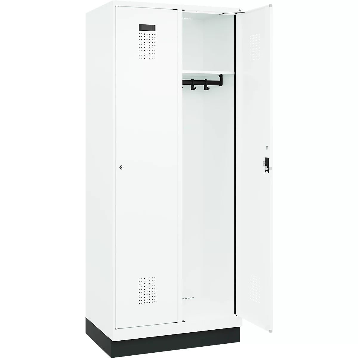 Vestiaire C+P Evolo Plus, 2 compartiments, largeur de compartiment 400 mm, avec socle, charnières à droite, L 800 x P 500 x H 1950 mm, cylindre, blanc signalisation/blanc trafic